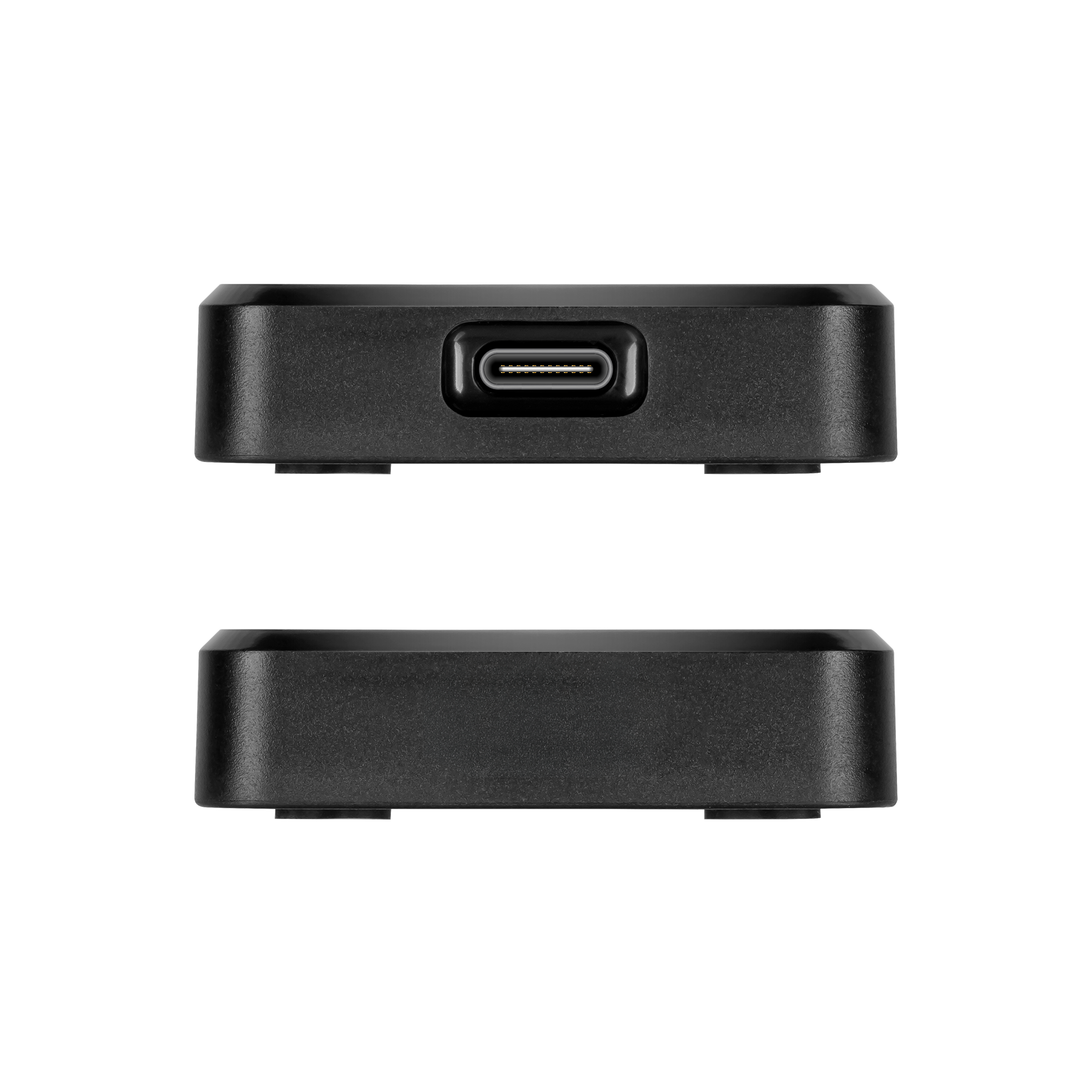 Dwa widoki czarnego urządzenia, jeden z portem USB-C, drugi z gładkim bokiem.