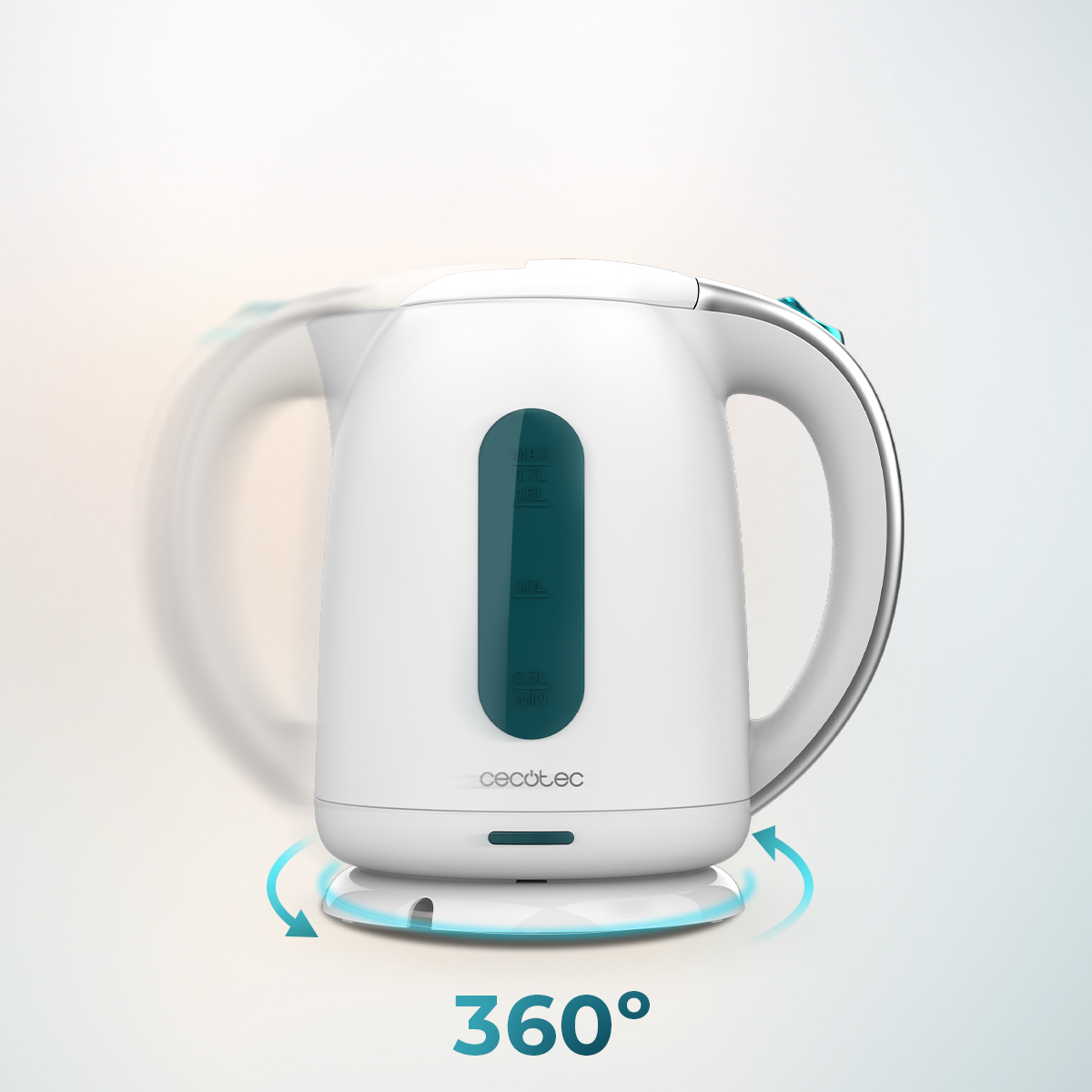 Un hervidor eléctrico blanco sobre una base giratoria de 360 grados sobre fondo claro.