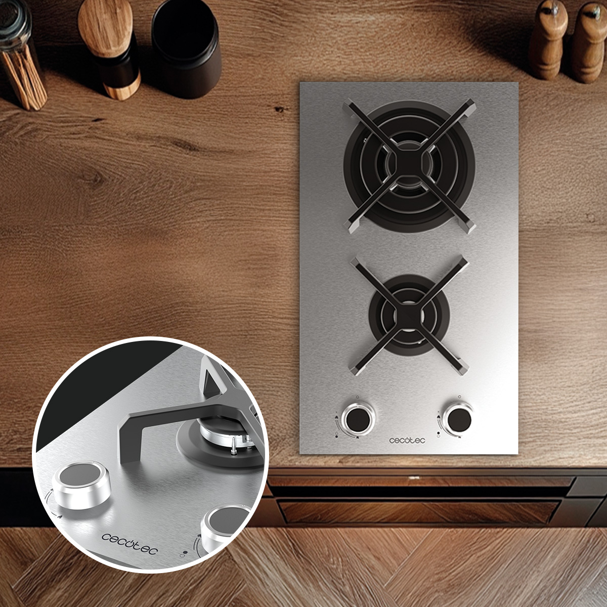 Placa de gas de acero inoxidable con dos quemadores y mandos sobre encimera de madera con detalle en círculo.