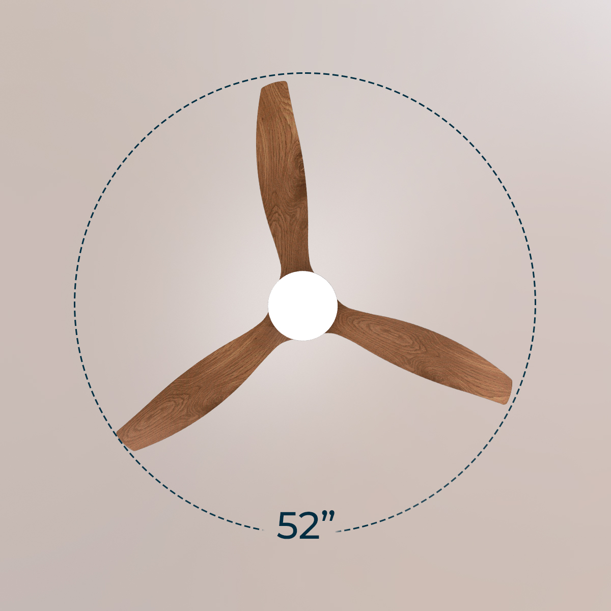 Un ventilador de techo de 52 pulgadas con tres aspas de madera sobre un fondo claro con un círculo punteado.