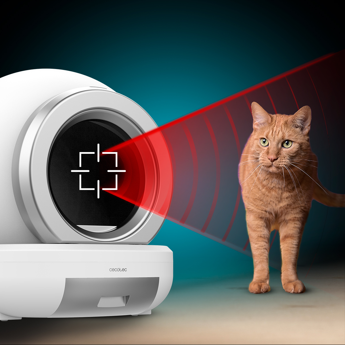 Un arenero automático blanco proyecta un rayo láser rojo sobre un gato naranja.