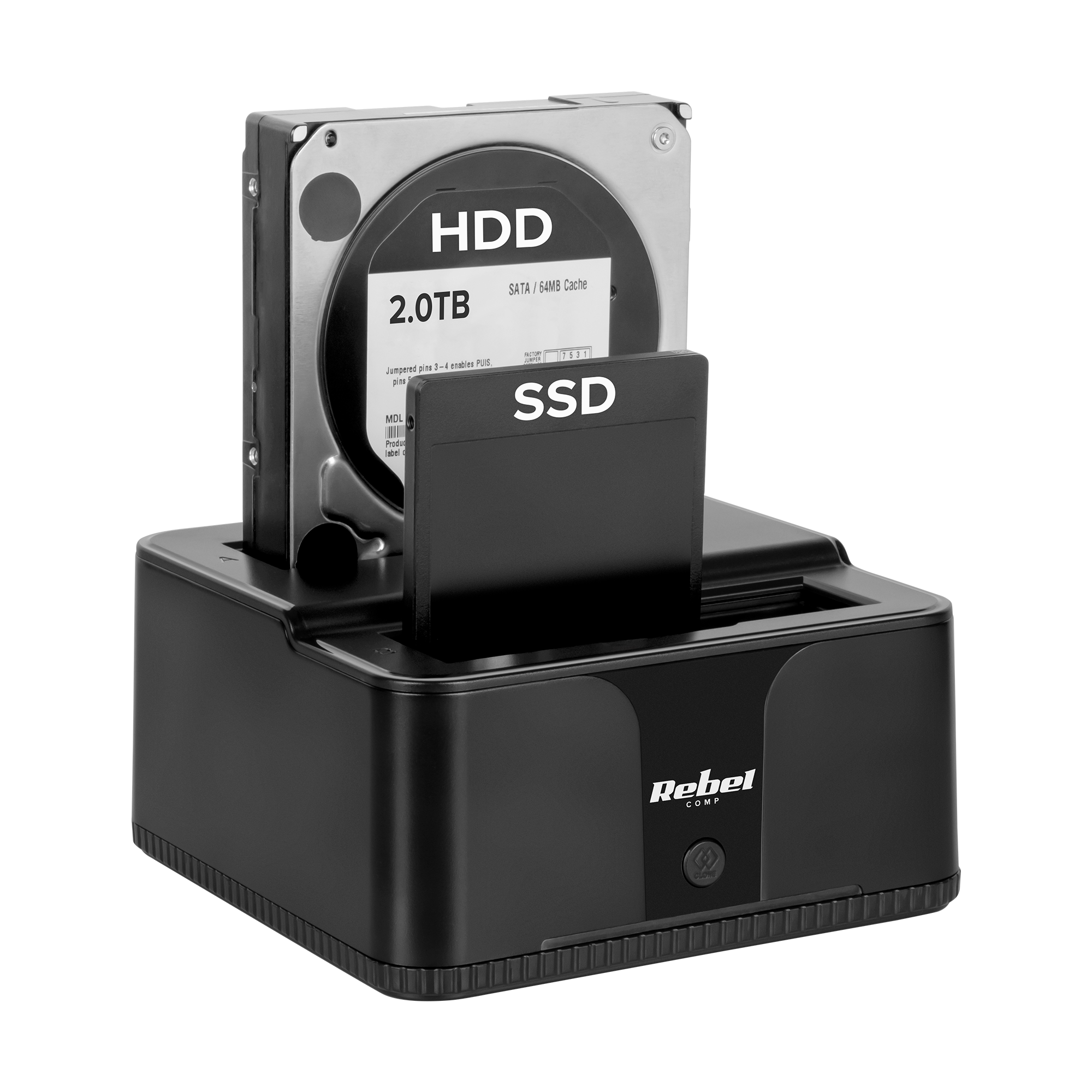 Czarna stacja dokująca do dysków twardych z włożonym dużym dyskiem HDD i mniejszym SSD, na czarnym tle.