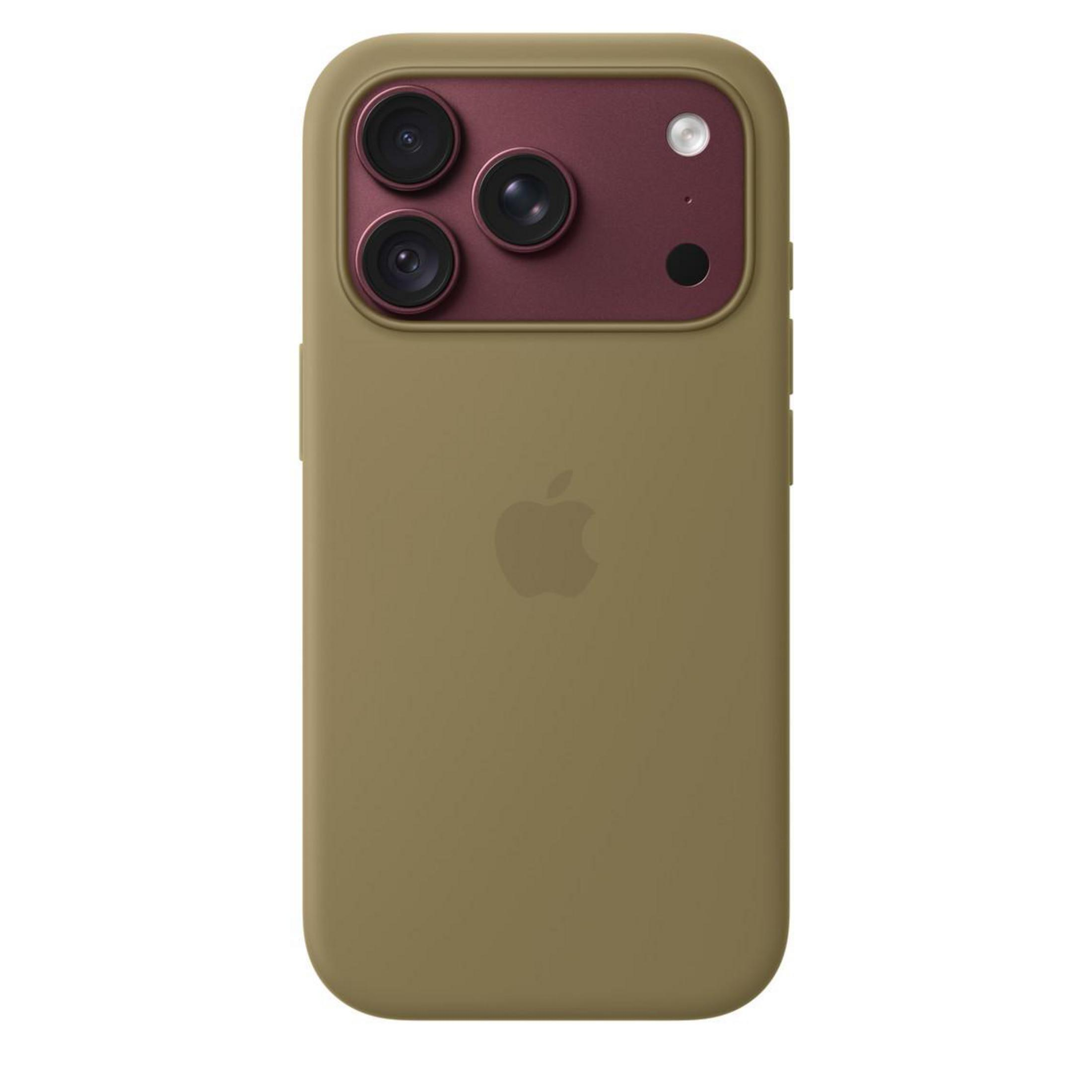 Dos d'un smartphone vert olive avec un module photo rouge foncé en haut et le logo Apple.