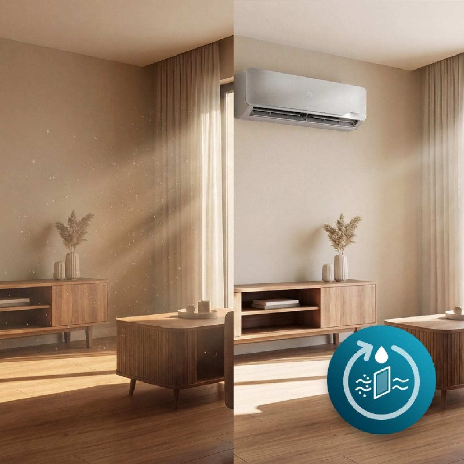 Comparación de una habitación polvorienta a la izquierda y limpia a la derecha con aire acondicionado y icono de gota.