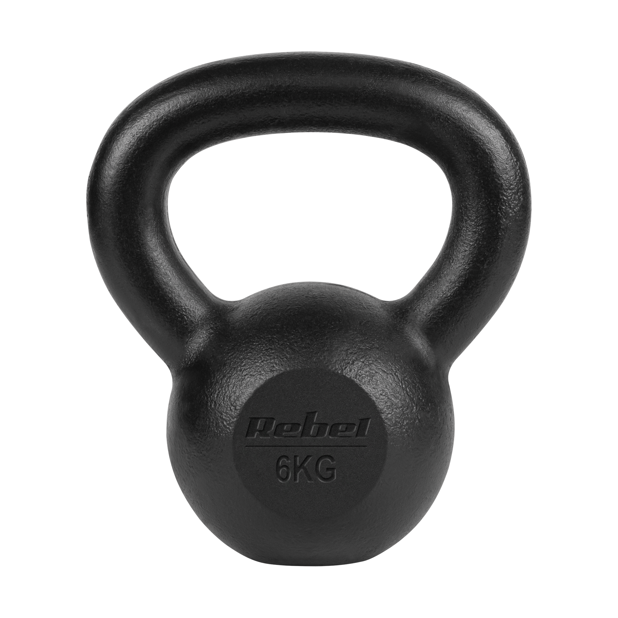 Czarny kettlebell Rebel o wadze 6 kg na czarnym tle.