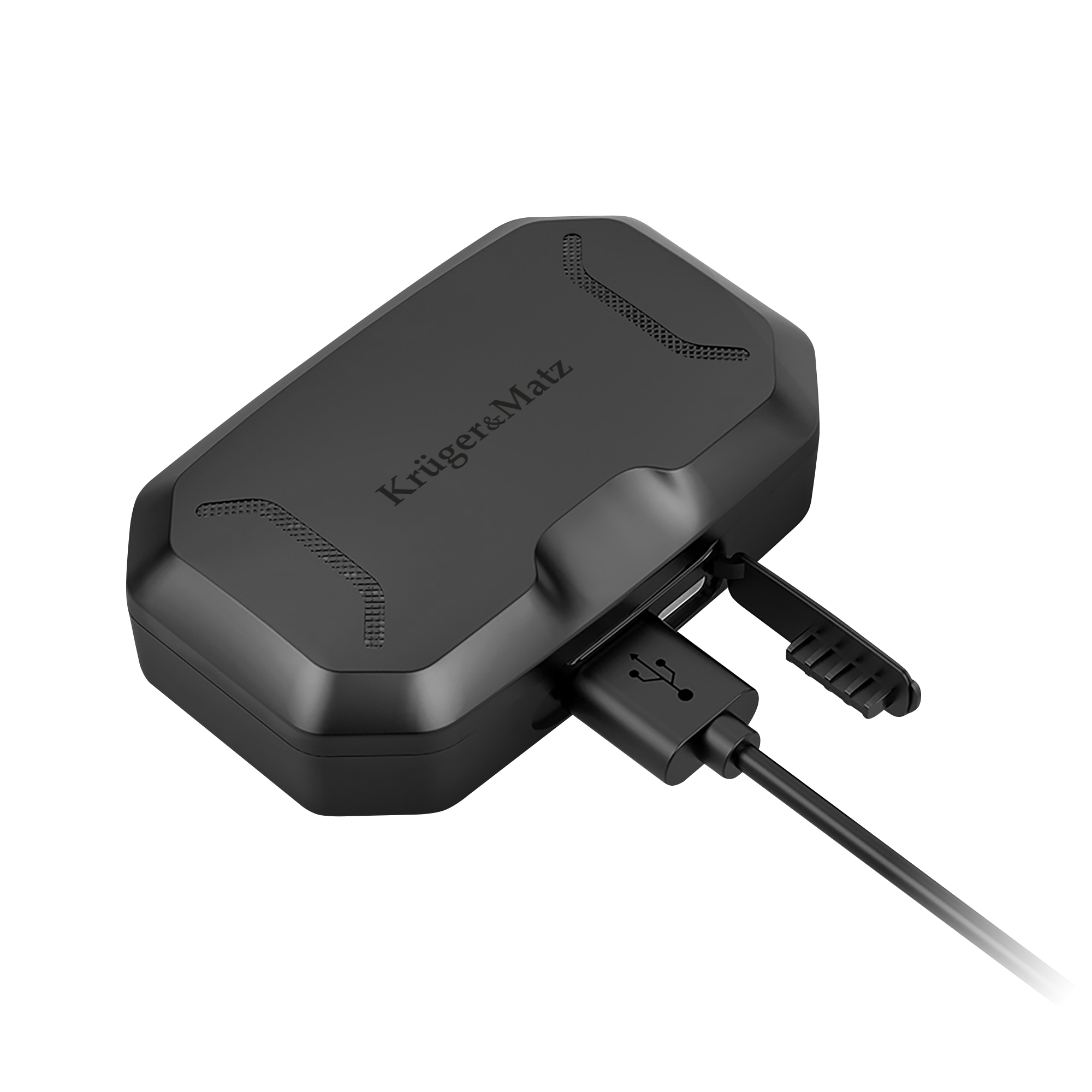 Czarny powerbank Kruger&Matz z podłączonym kablem USB na czarnym tle.