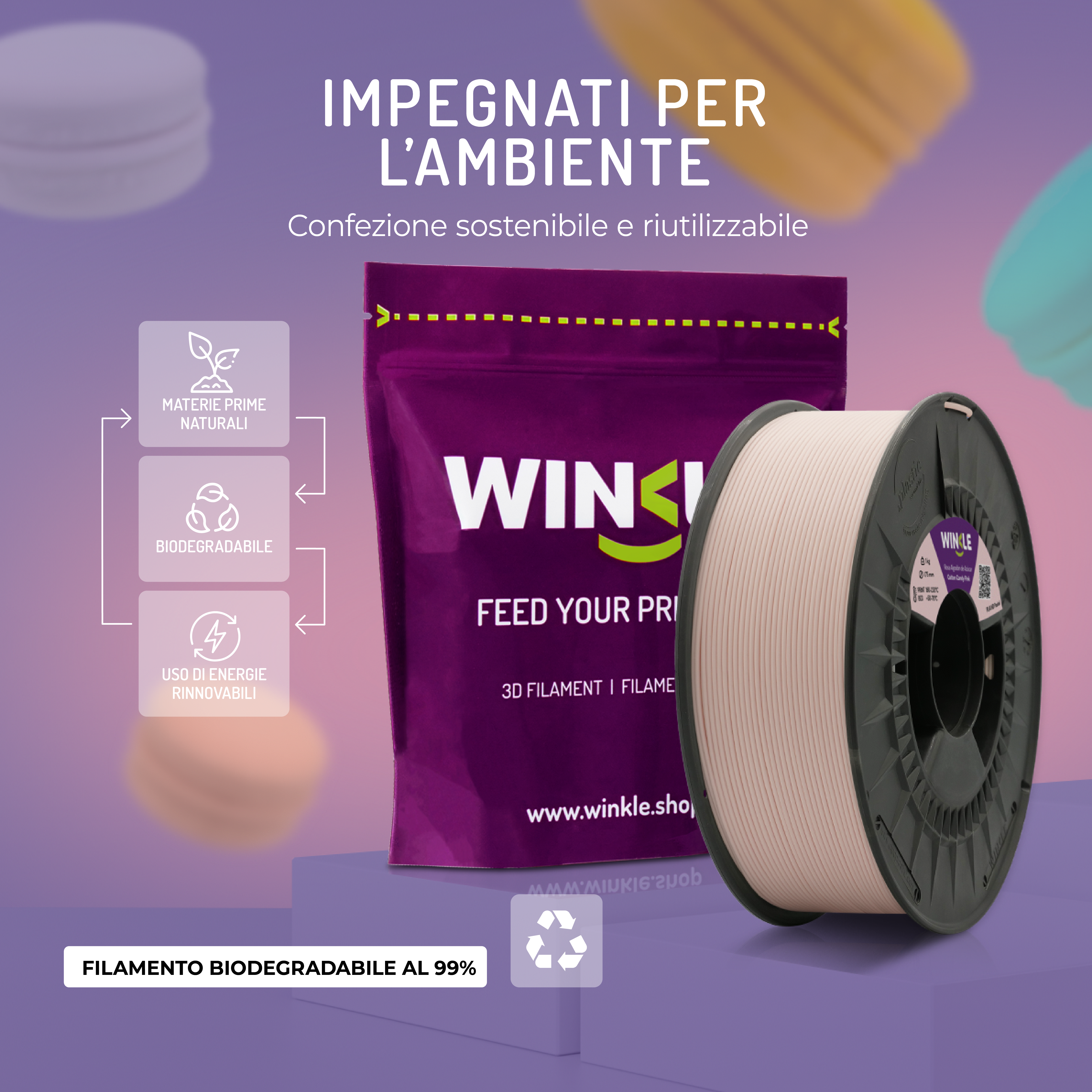 Bobina de filamento para impresora 3D Winkle frente a un envase morado con iconos ecológicos.