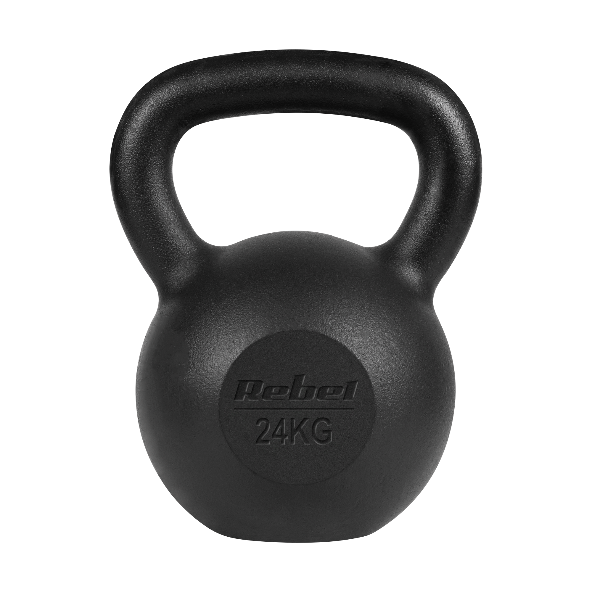 Czarny kettlebell o wadze 24 kg z nazwą marki Rebel z przodu na czarnym tle.