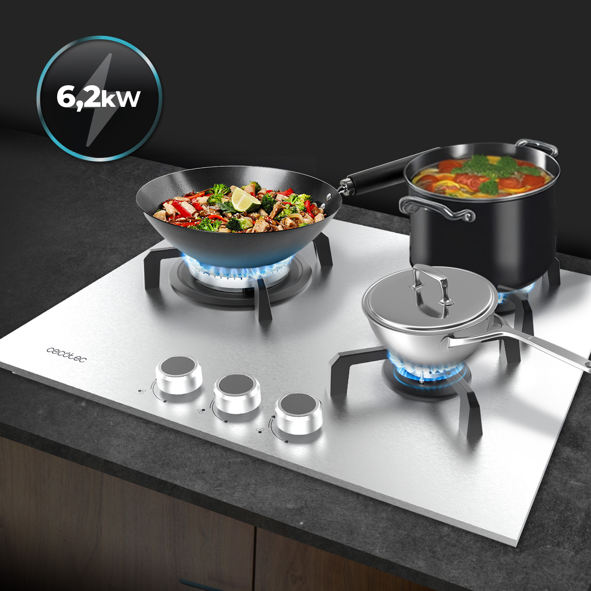 Encimera de gas de acero inoxidable con tres ollas y wok.