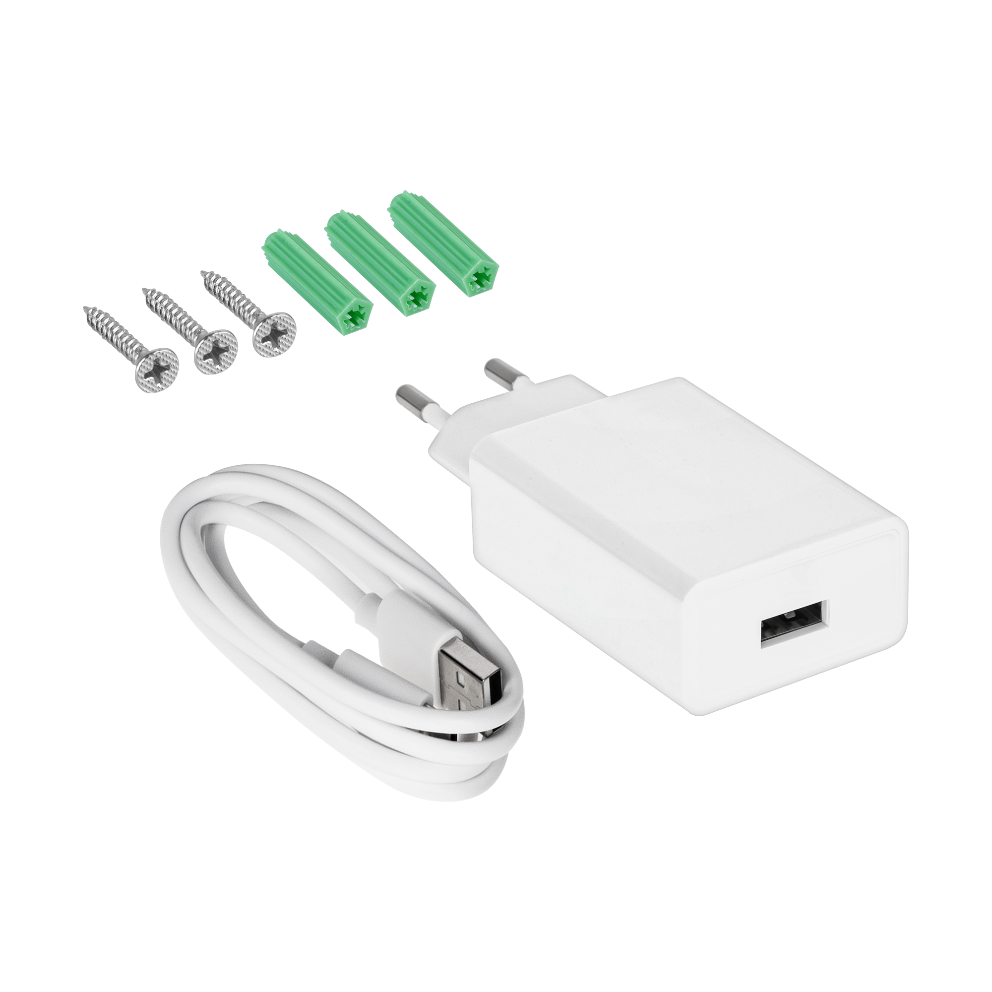Biała ładowarka USB, biały kabel ładujący, trzy śruby i trzy zielone kołki rozporowe na czarnym tle.
