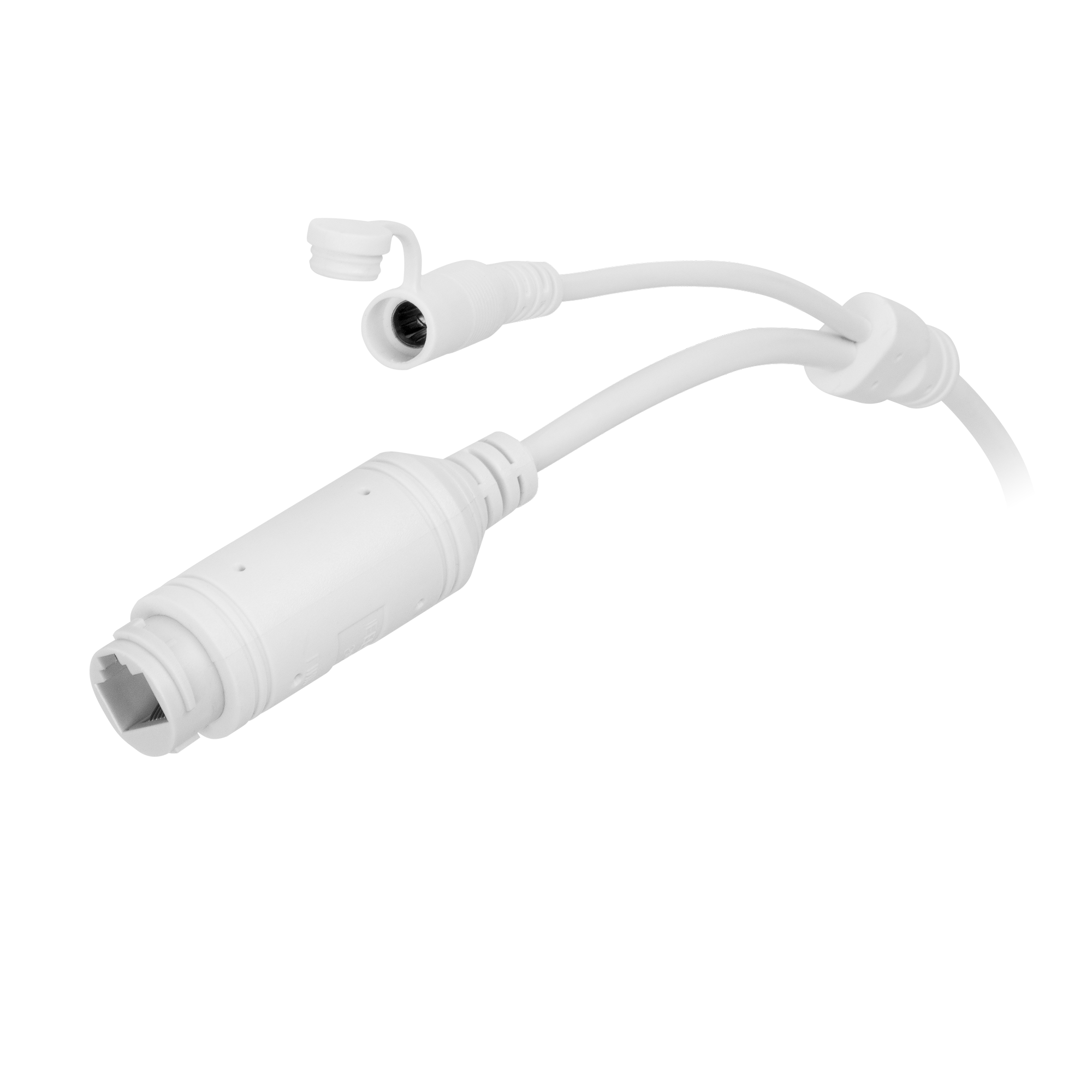 Biały kabel rozdzielający Ethernet i zasilanie z odpornymi na warunki atmosferyczne wtyczkami.
