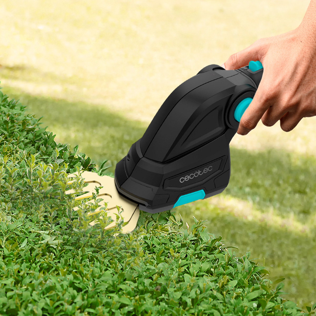 Una mano recorta setos verdes en un jardín usando unas tijeras cortacésped negras y azules.