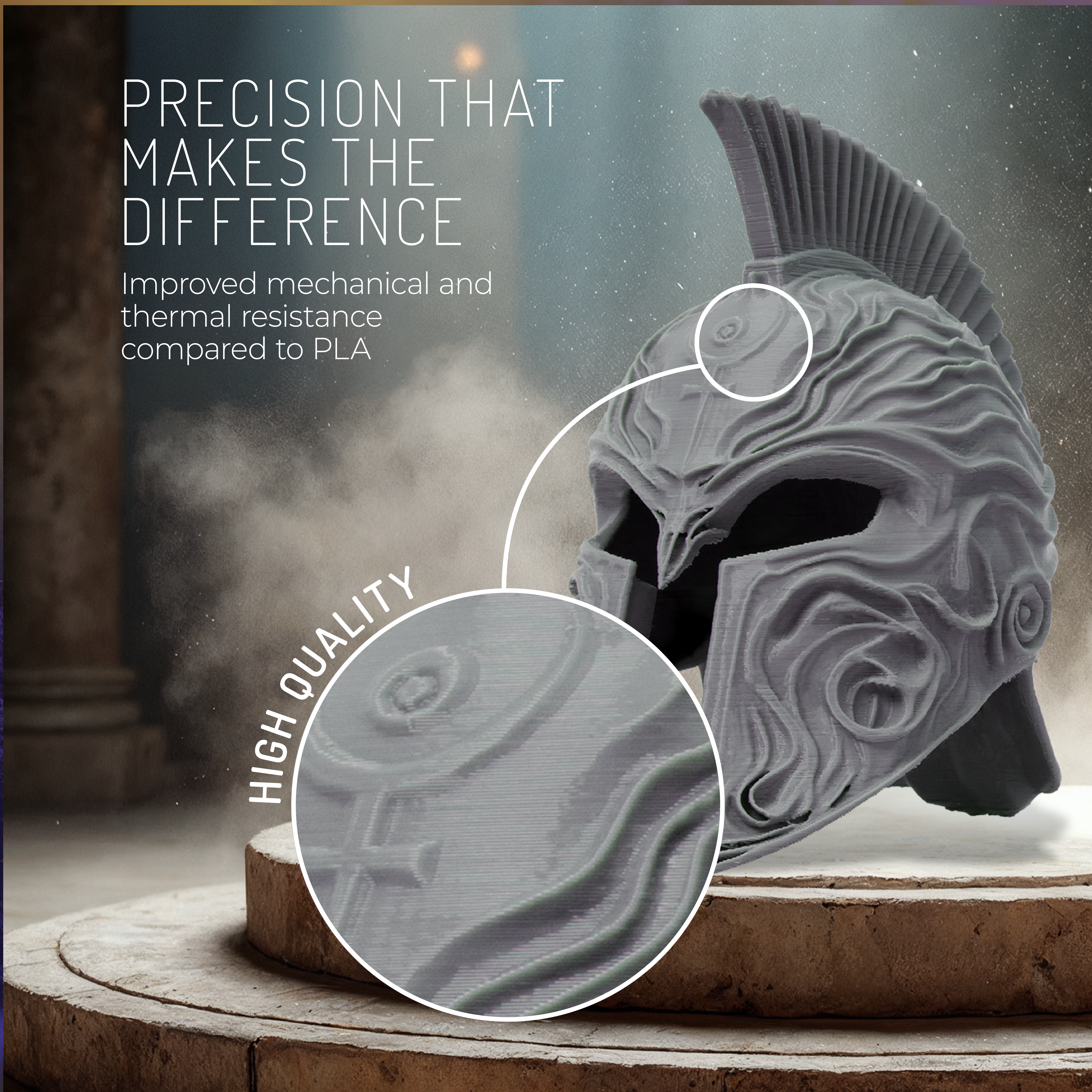 Un casco espartano gris impreso en 3D sobre un pedestal de piedra, con un círculo de zoom y texto publicitario.