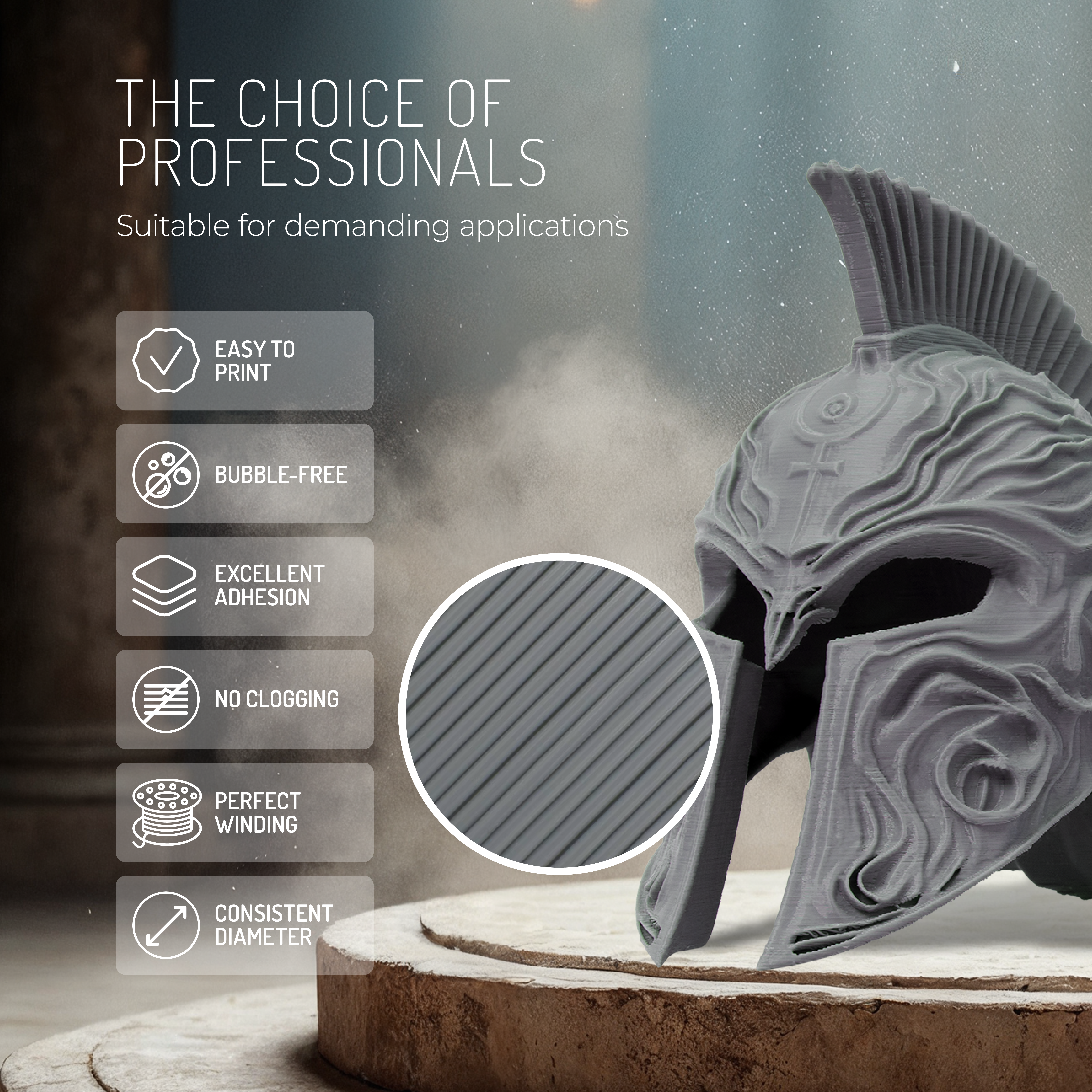 Un casco espartano gris impreso en 3D sobre una base de madera con iconos de características a la izquierda.
