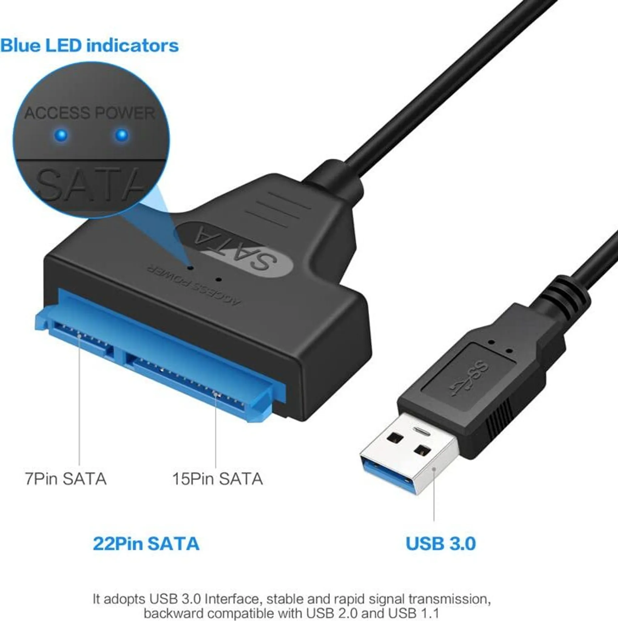 SATA-zu-USB-3.0-Adapterkabel mit blauen LED-Anzeigen und beschrifteten Anschlüssen.