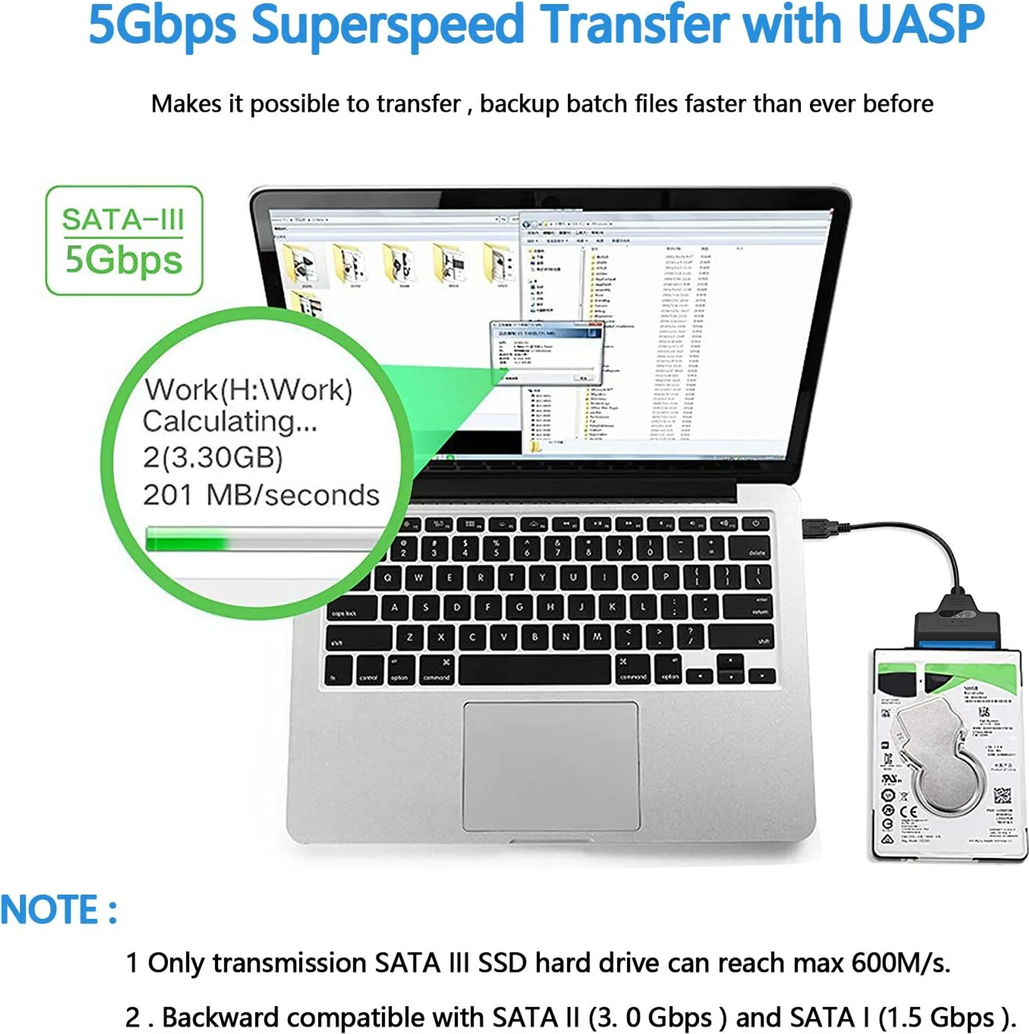 Laptop überträgt Daten mit 5Gbps von einer externen Festplatte mit einer Geschwindigkeit von 201 MB pro Sekunde.