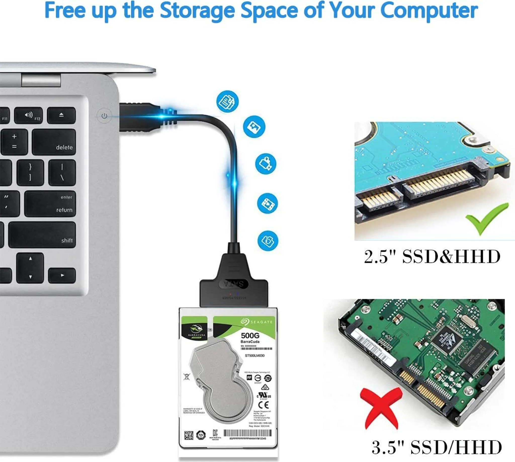 Ein Laptop ist über ein Kabel mit einer 2.5"-Festplatte verbunden, während eine 3.5"-Festplatte ein rotes X zeigt.