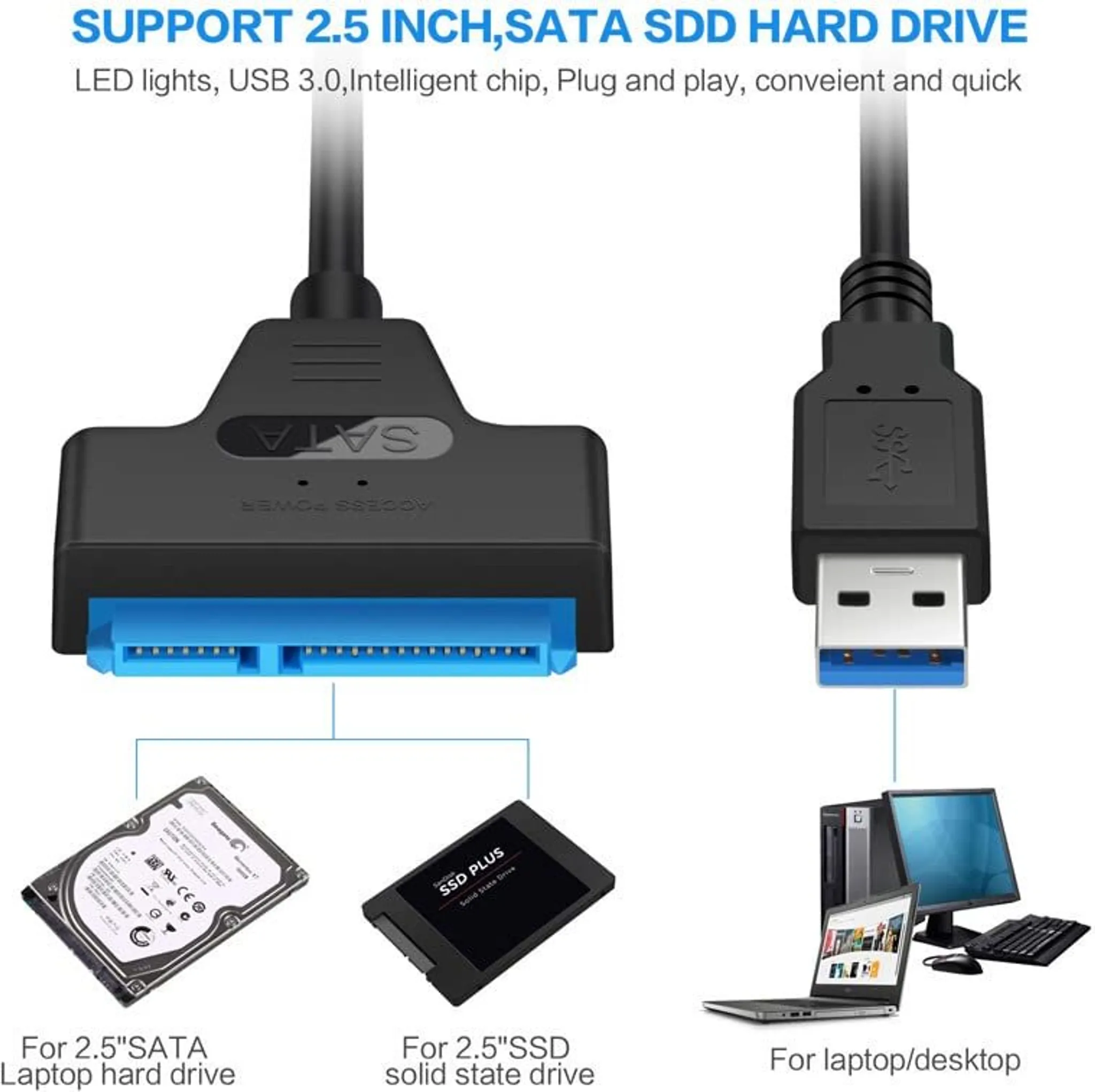 SATA-zu-USB-3.0-Adapter zur Verbindung mit Festplatten, SSDs und Laptops oder Desktop-PCs.
