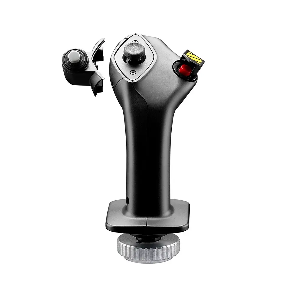 Joystick de simulateur de vol noir avec des boutons rouges et gris sur fond blanc.