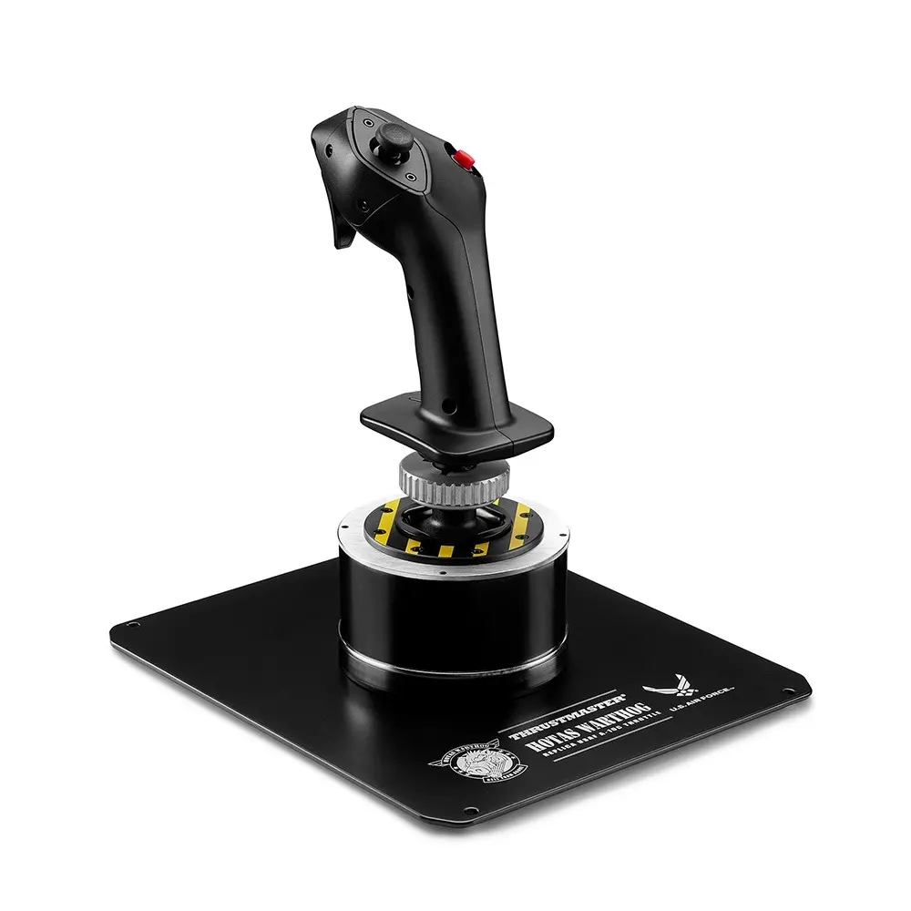 Un joystick de simulation de vol noir monté sur une base métallique carrée avec logo.