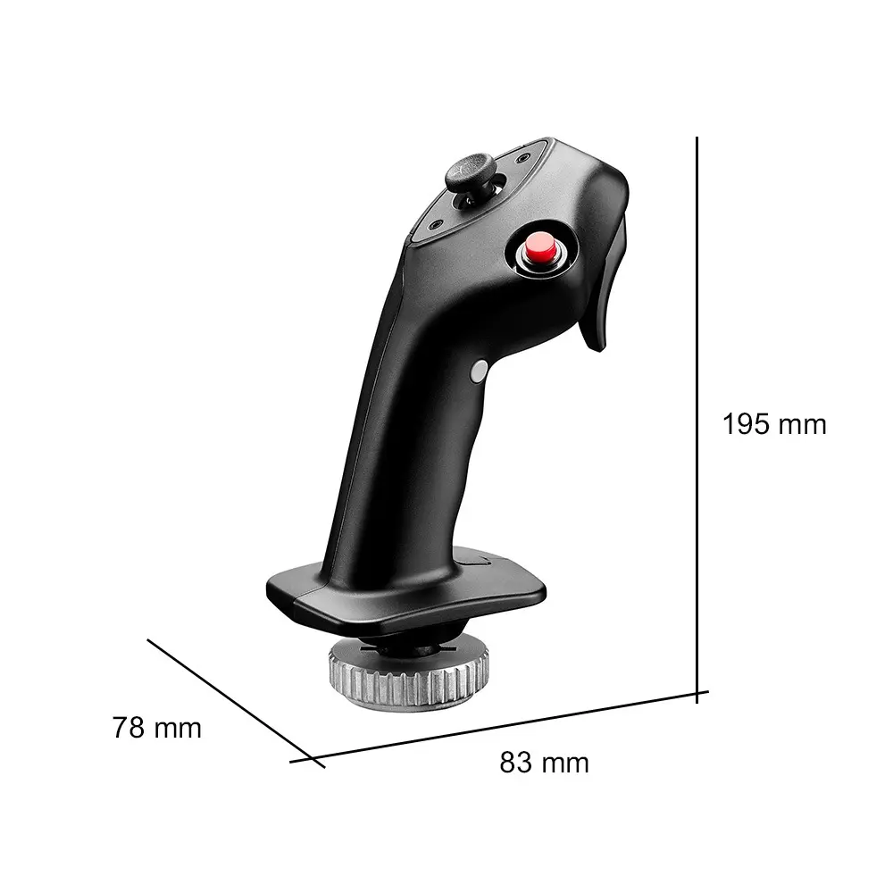 Joystick noir avec accents rouges et dimensions de 195mm de haut, 83mm de large et 78mm de profondeur.