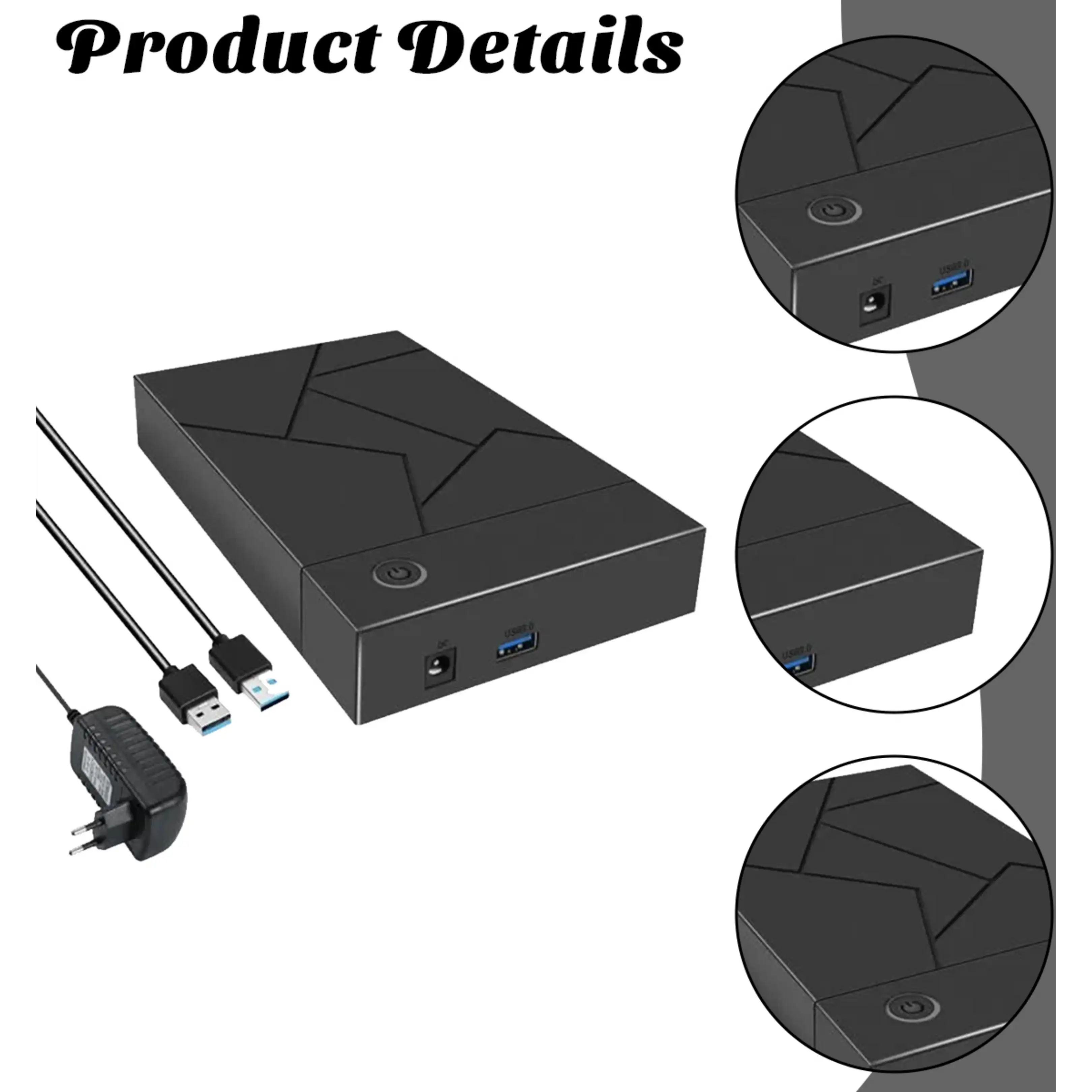 Schwarzes externes Festplattengehäuse mit geometrischem Muster, Netzkabel, USB-Kabel und Detailansichten.