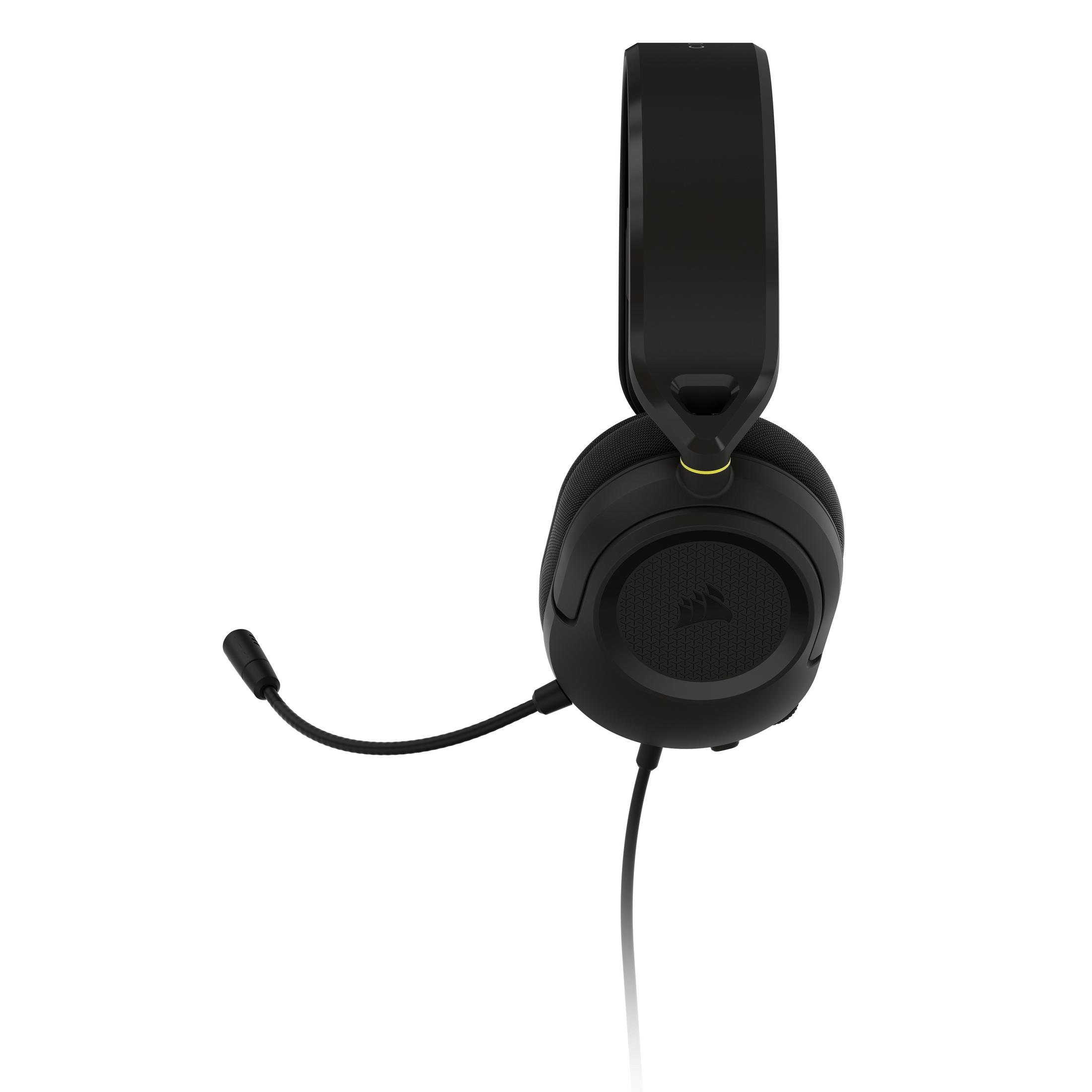 Cuffie da gioco over-ear nere con microfono e cavo collegati su sfondo bianco.