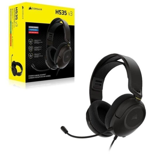 Cuffie gaming nere Corsair HS35 V2 con microfono accanto alla confezione gialla e nera.