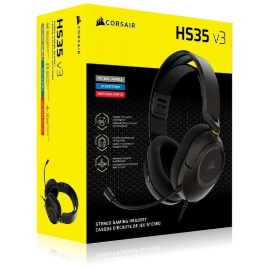 Un headset da gioco stereo Corsair HS35 V3 nero è mostrato su una scatola gialla e nera.