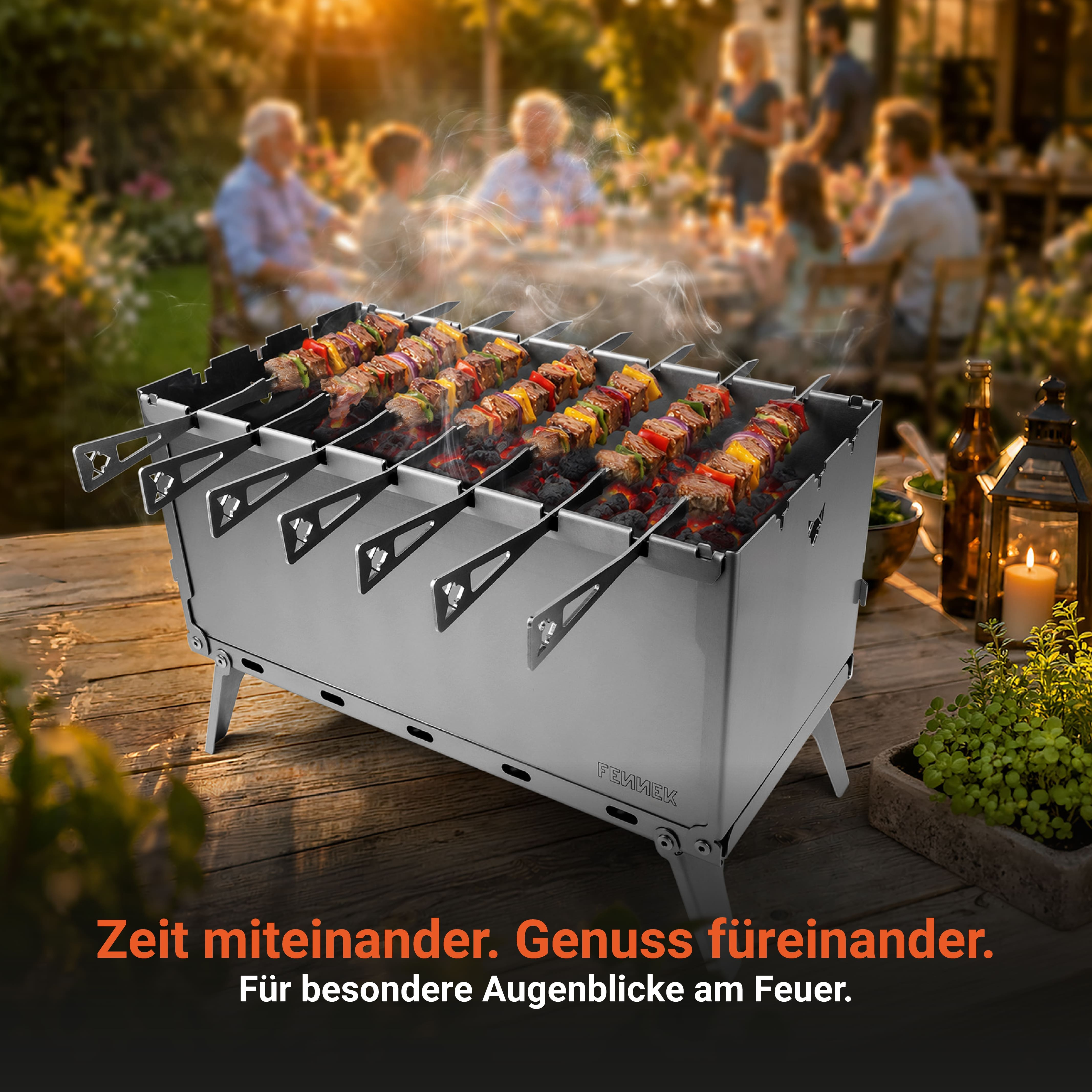 Tragbarer Edelstahl-Holzkohlegrill mit Fleisch- und Gemüsespießen auf einem Holztisch, im Hintergrund feiernde Menschen.