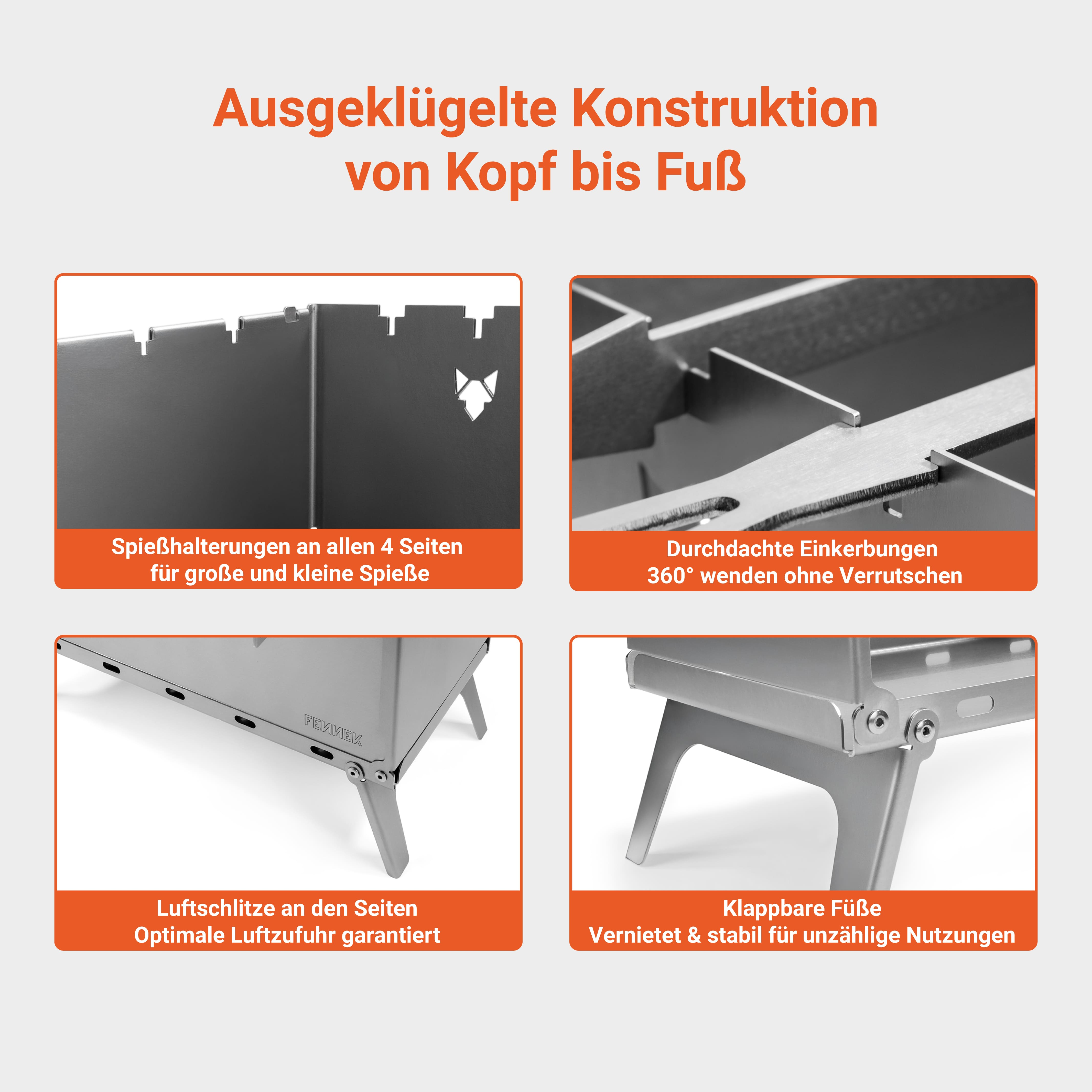Vier Detailbilder zeigen skizzierte Merkmale eines tragbaren Grills: Spießhalterungen, Einkerbungen, Lüftungsschlitze und klappbare Füße.