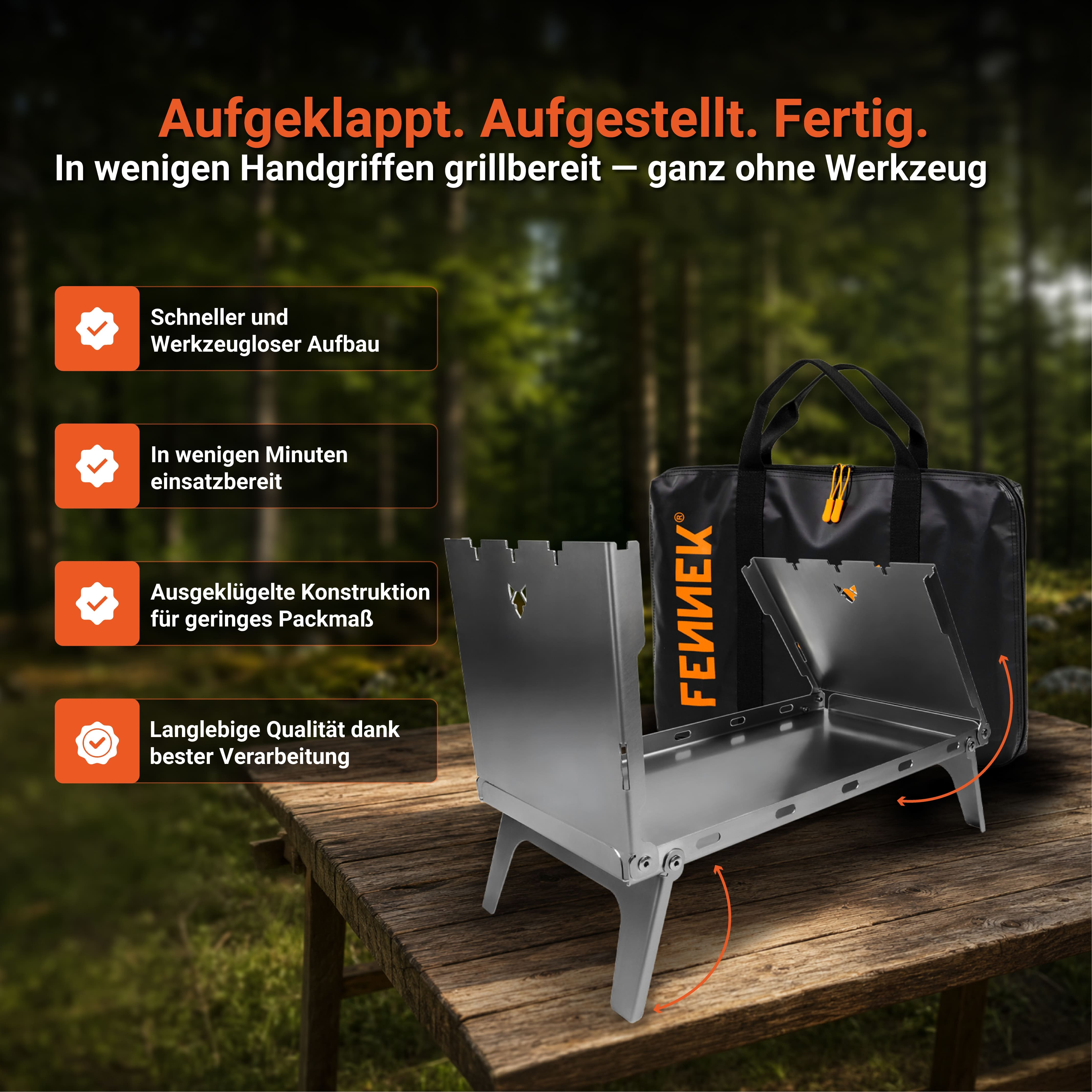 Ein tragbarer Grill auf einem Holztisch vor einem Wald, mit Textfeldern und einer Tragetasche.