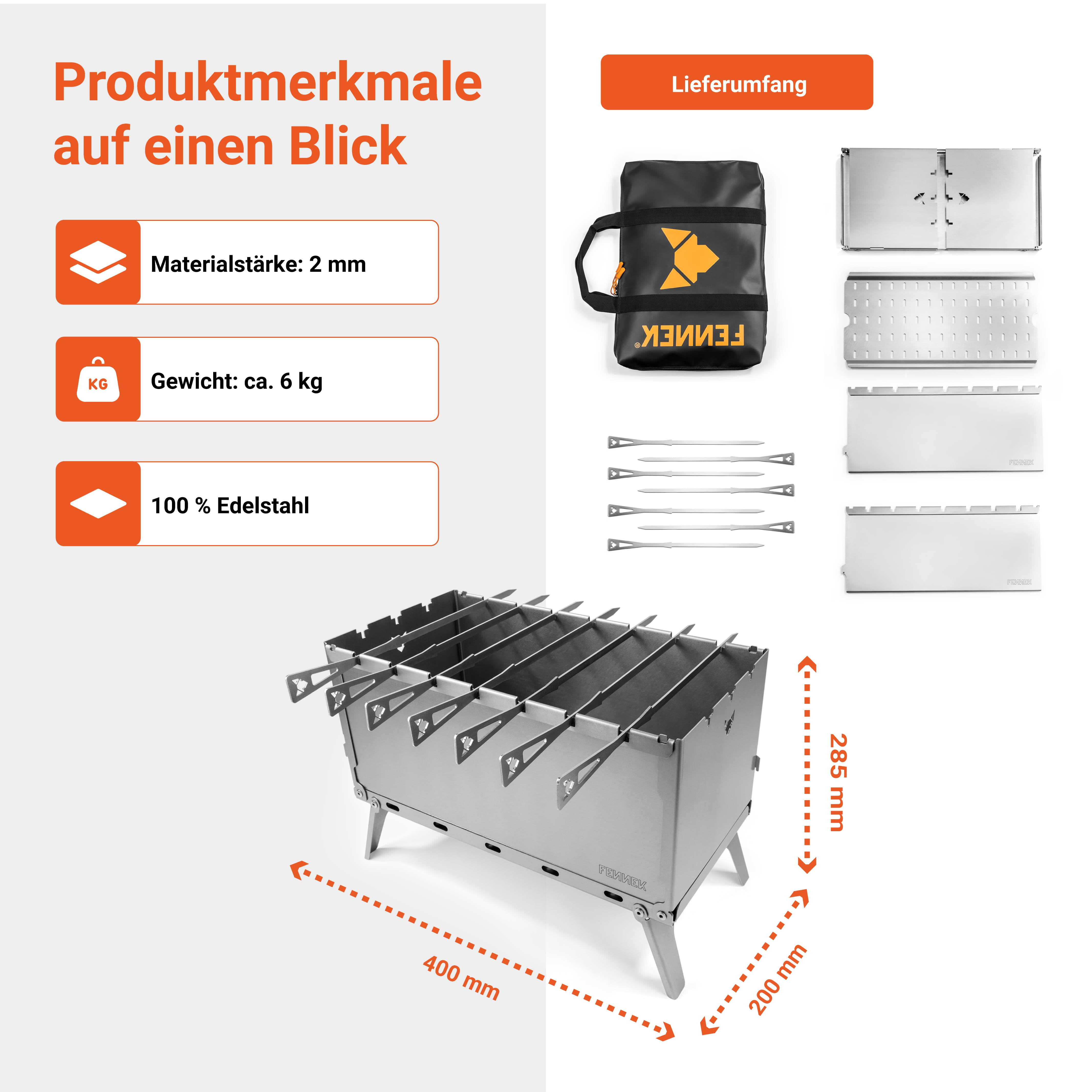 Edelstahlgrill, Tragetasche und Zubehör mit Maßen, Materialstärke und Gewicht.