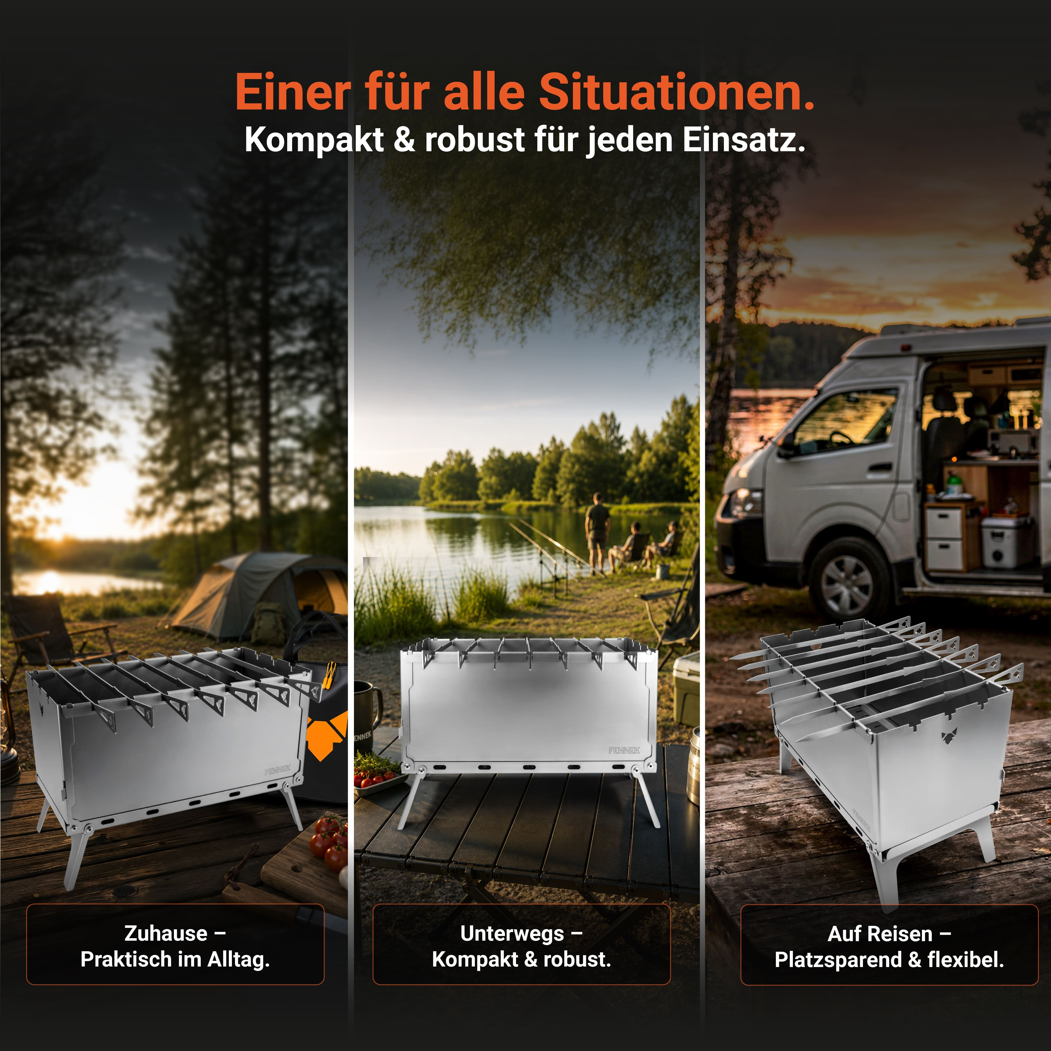 Ein tragbarer Edelstahlgrill wird in drei verschiedenen Outdoor-Szenarien gezeigt: am See, beim Zelten und am Wohnmobil.