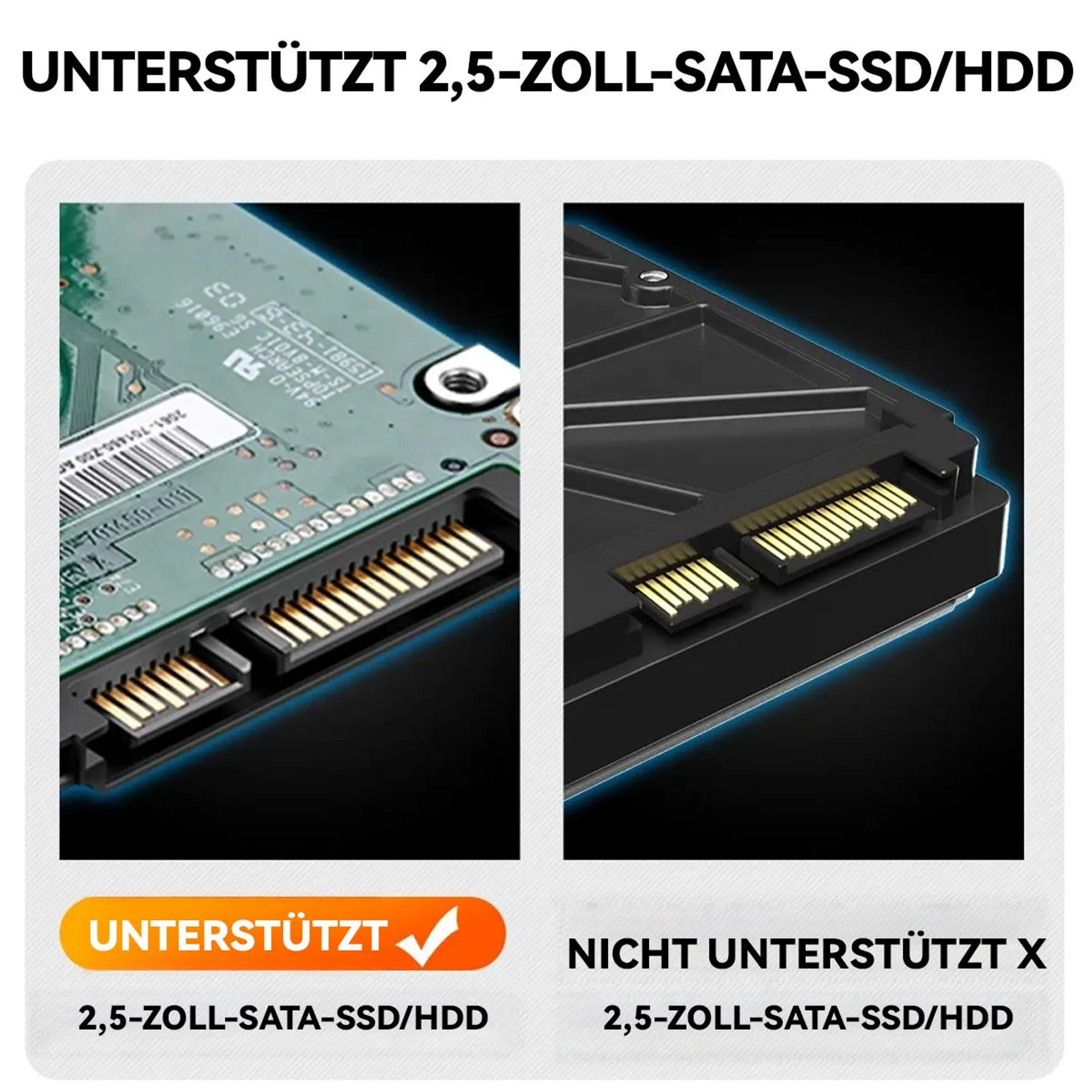 Vergleich von unterstützten und nicht unterstützten 2,5-Zoll-SATA-Laufwerken mit Goldkontakten.