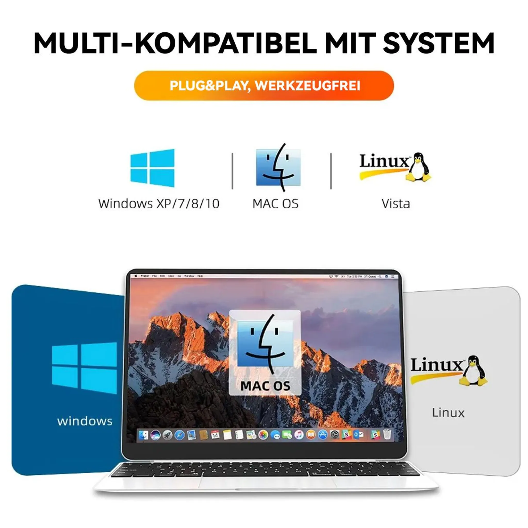 Kompatibel mit Windows, Mac OS und Linux Systemen.