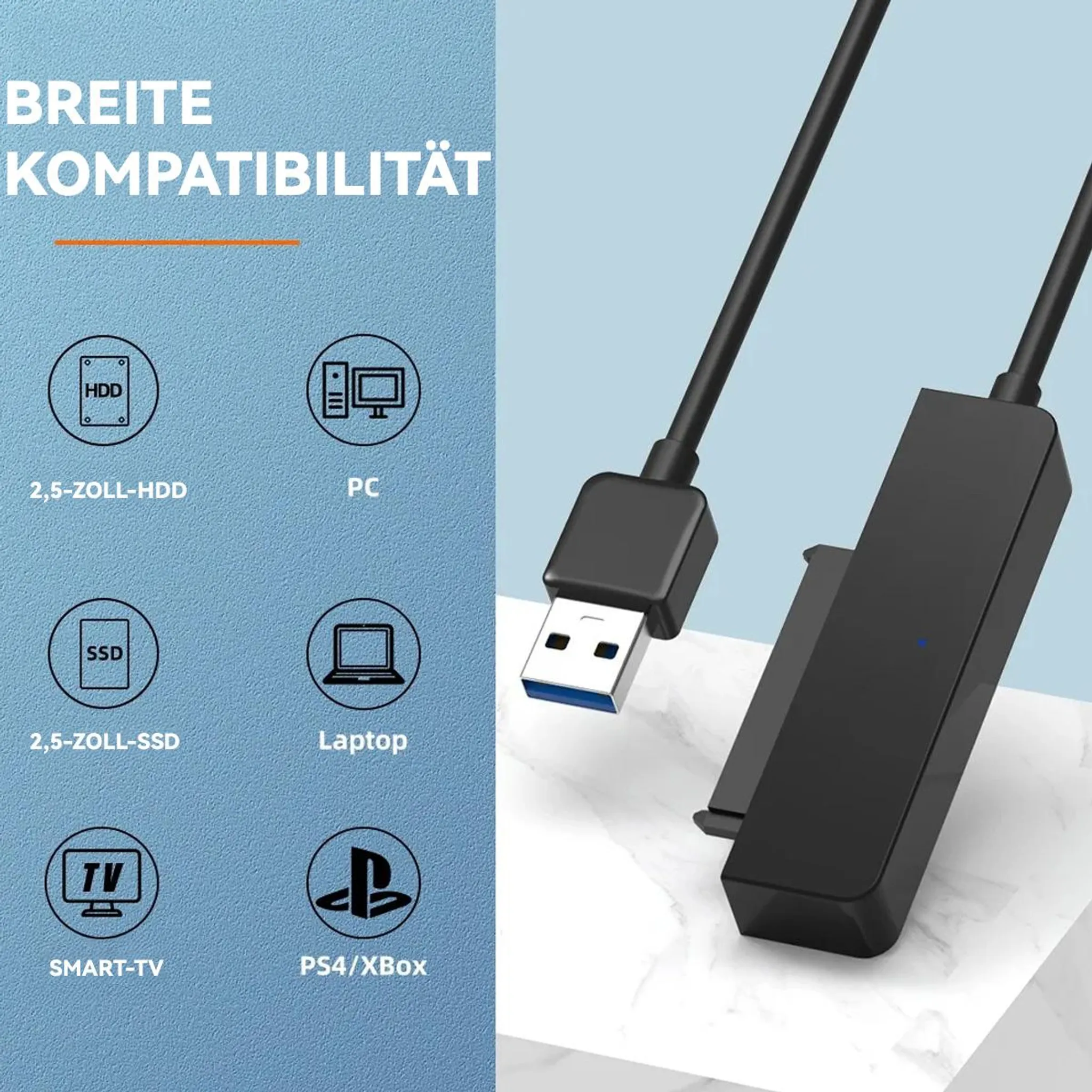 Ein schwarzer USB zu SATA Adapter auf einem weißen Tisch, mit Kompatibilitätssymbolen links.