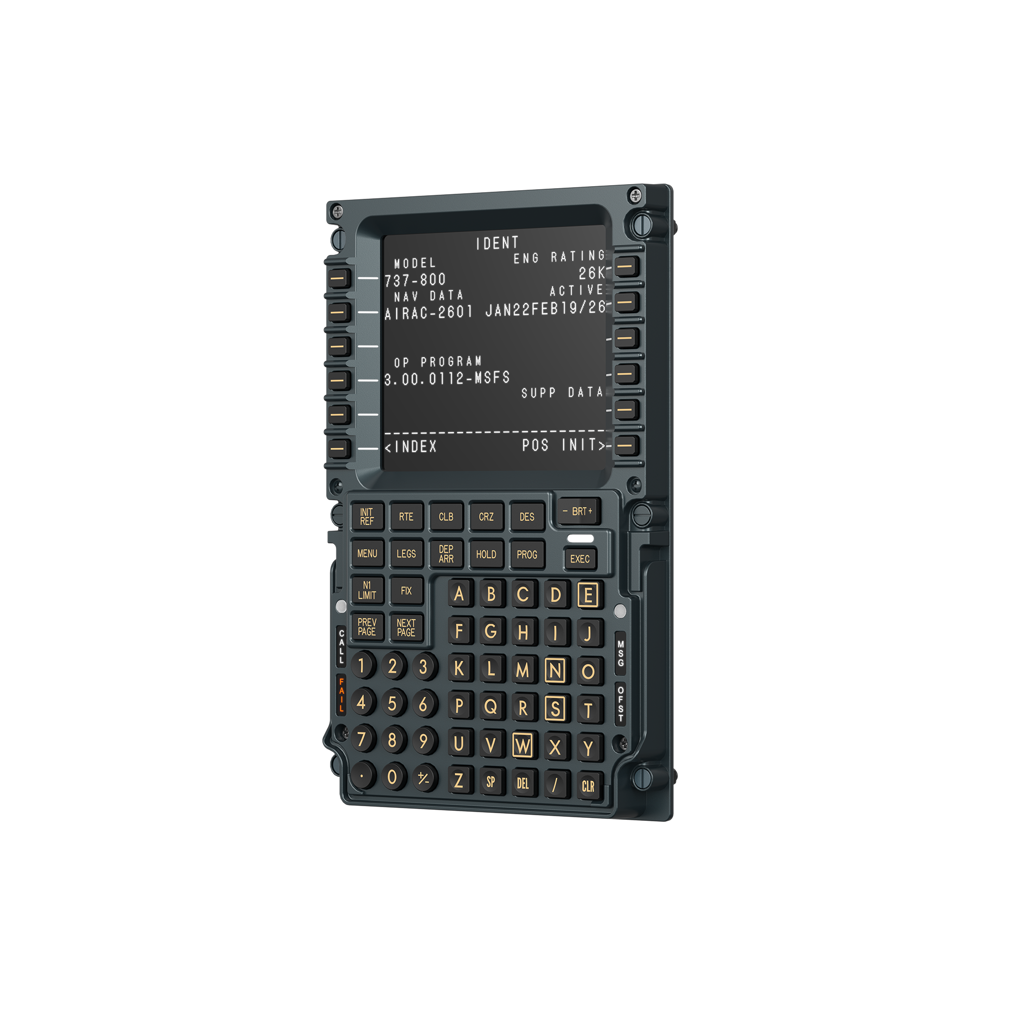 Un ordinateur de gestion de vol Boeing 737-800 avec écran monochrome et clavier alphanumérique.
