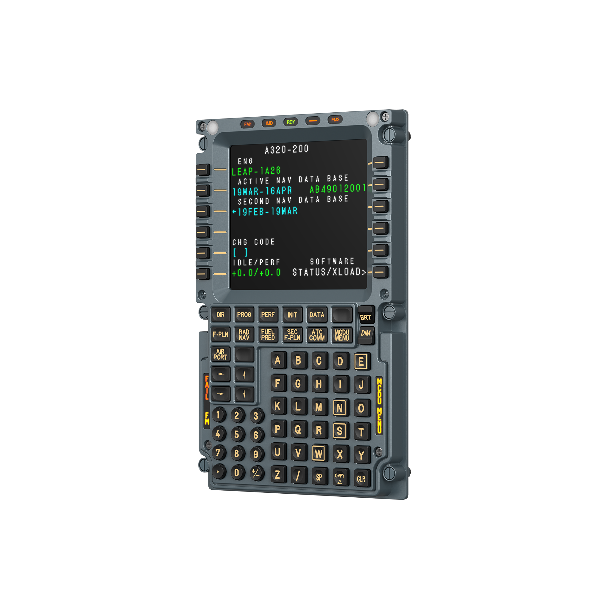 Un panneau de commande de cockpit d'avion avec écran vert lumineux, boutons de fonction et clavier alphanumérique.