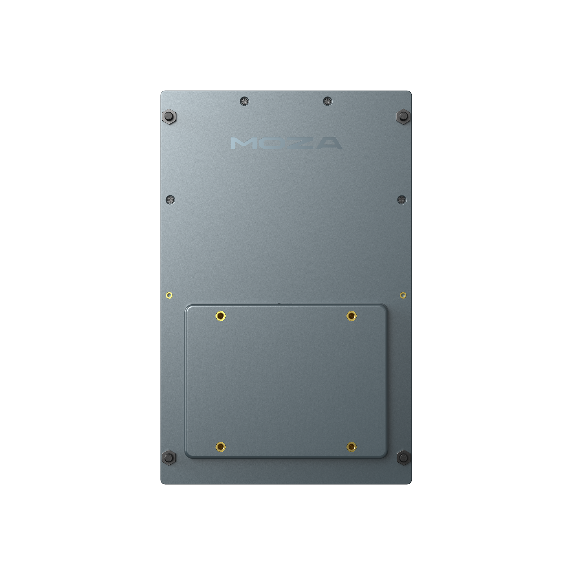 Appareil métallique rectangulaire gris avec coins boulonnés et panneau central surélevé portant la mention MOZA.