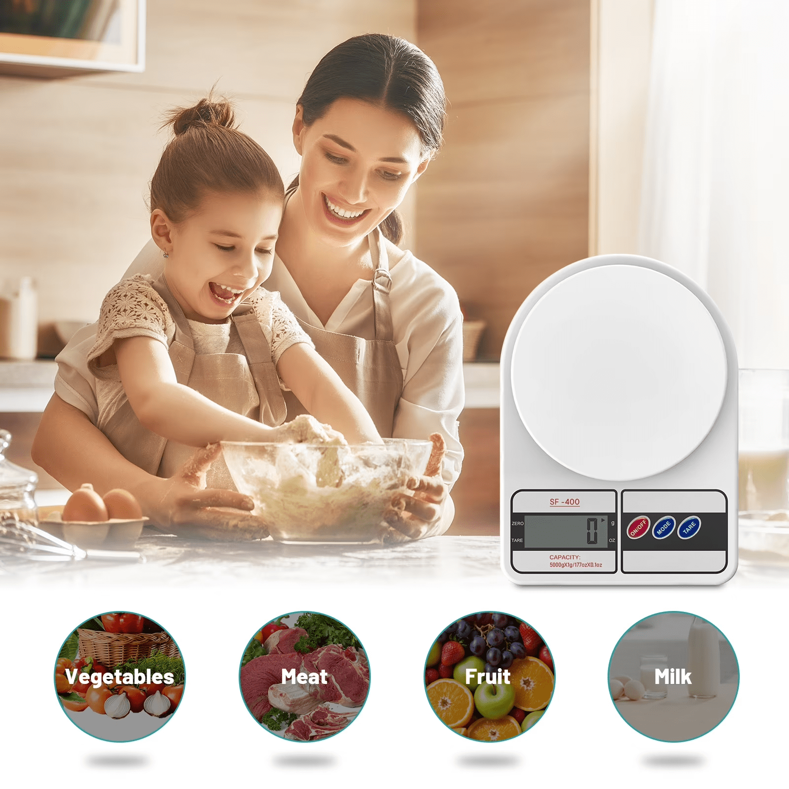 Mutter und Kind backen in der Küche, neben einer digitalen Küchenwaage und Icons für Gemüse, Fleisch, Obst und Milch.