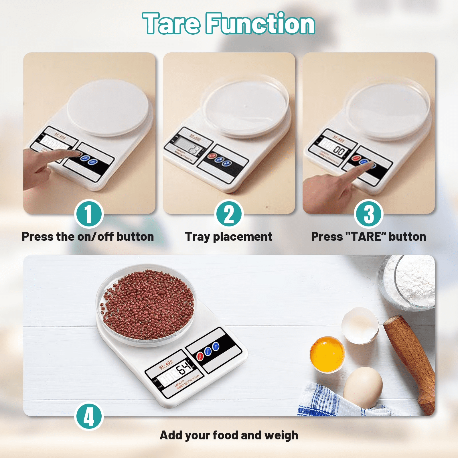 Vier Schritte zur Verwendung einer digitalen Küchenwaage: Einschalten, Schüssel aufsetzen, TARE-Taste drücken, Wiegen.