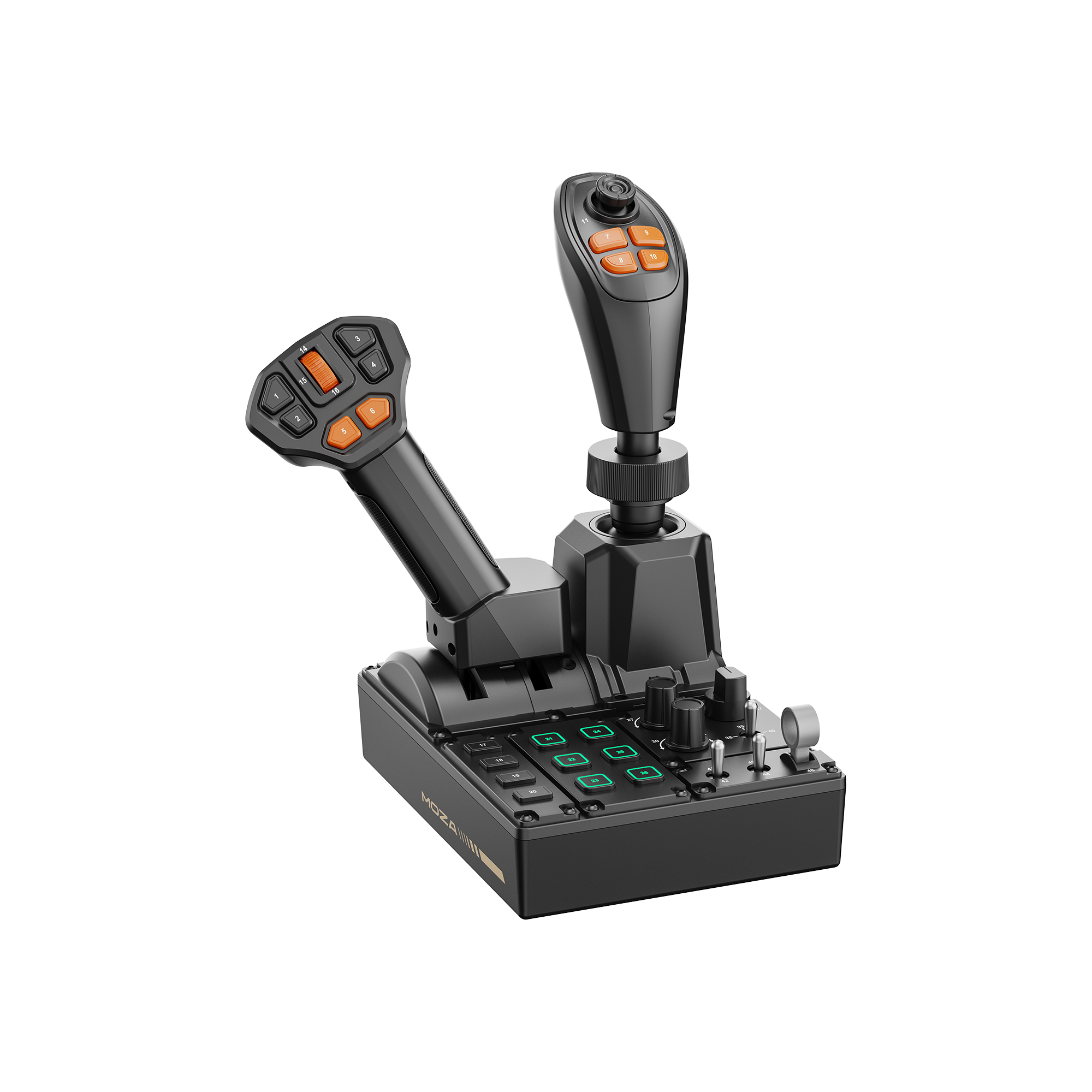 Panneau de commande à double joystick noir avec boutons numérotés et accents orange.