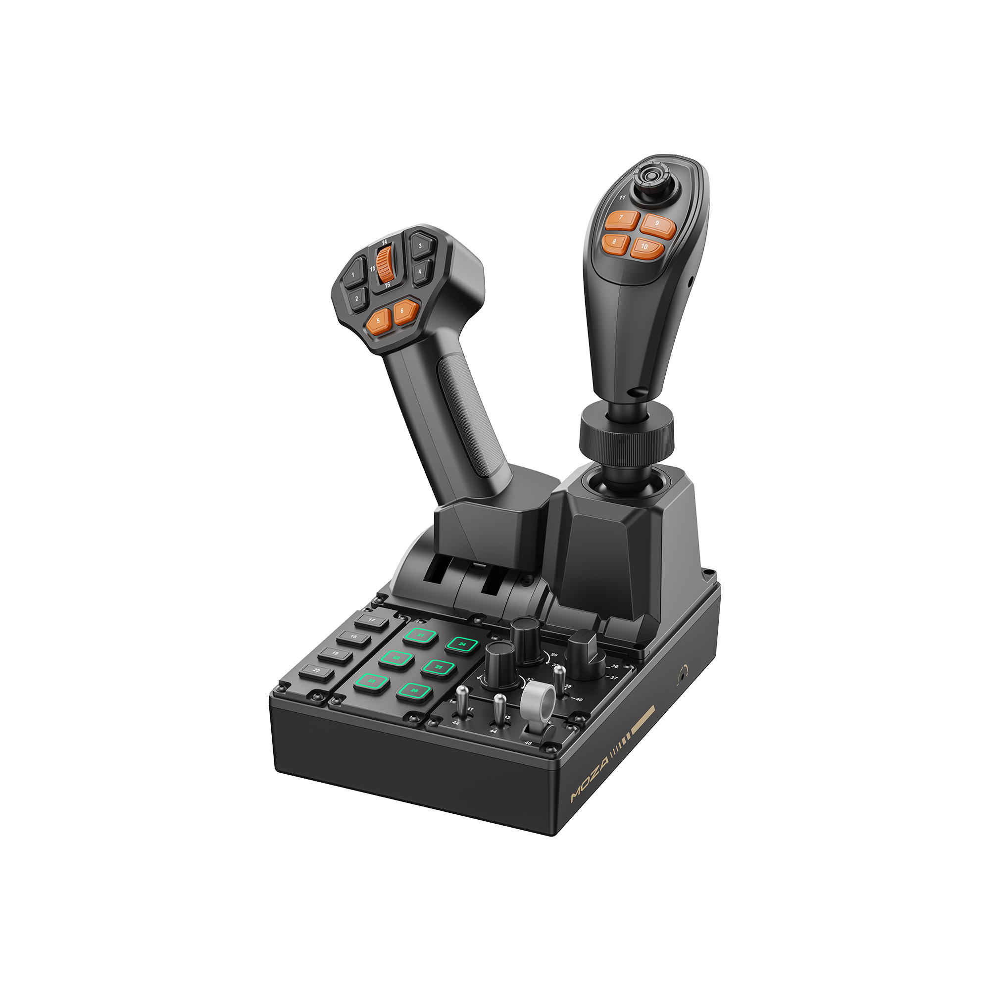 Un système de commande à double joystick noir avec de nombreux boutons numérotés, cadrans et interrupteurs.