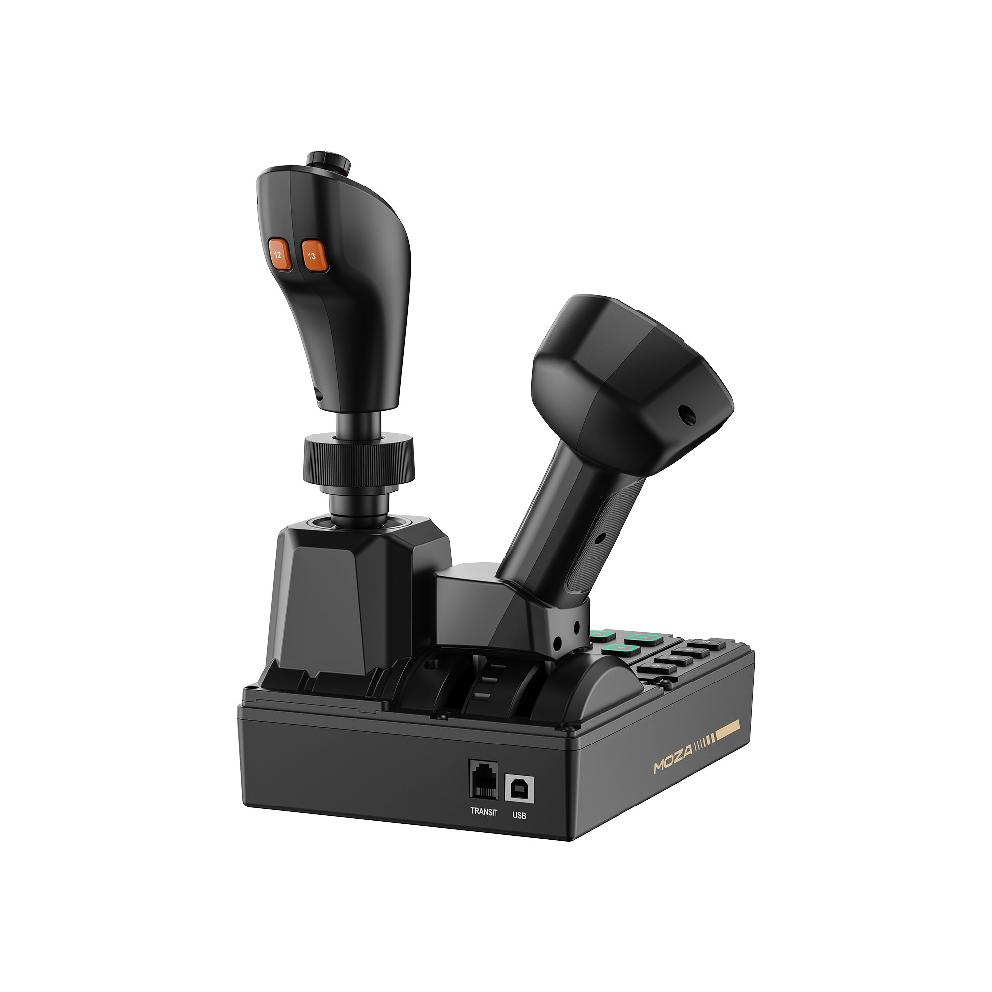 Panneau de contrôle de simulation de vol Moza noir avec deux joysticks et ports USB sur fond blanc.