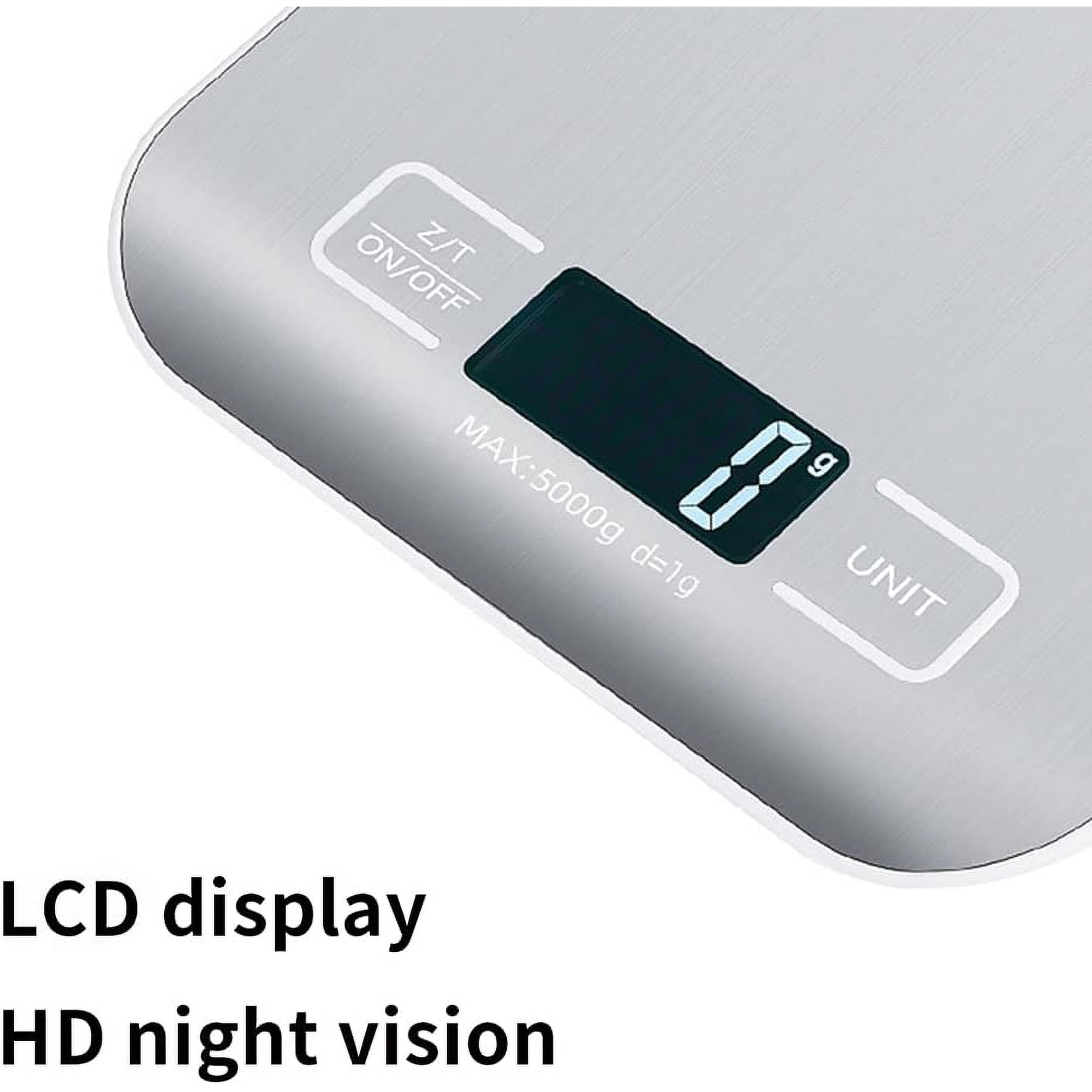 Digitale Küchenwaage mit Edelstahl-Oberfläche und LCD-Display, das null Gramm anzeigt.
