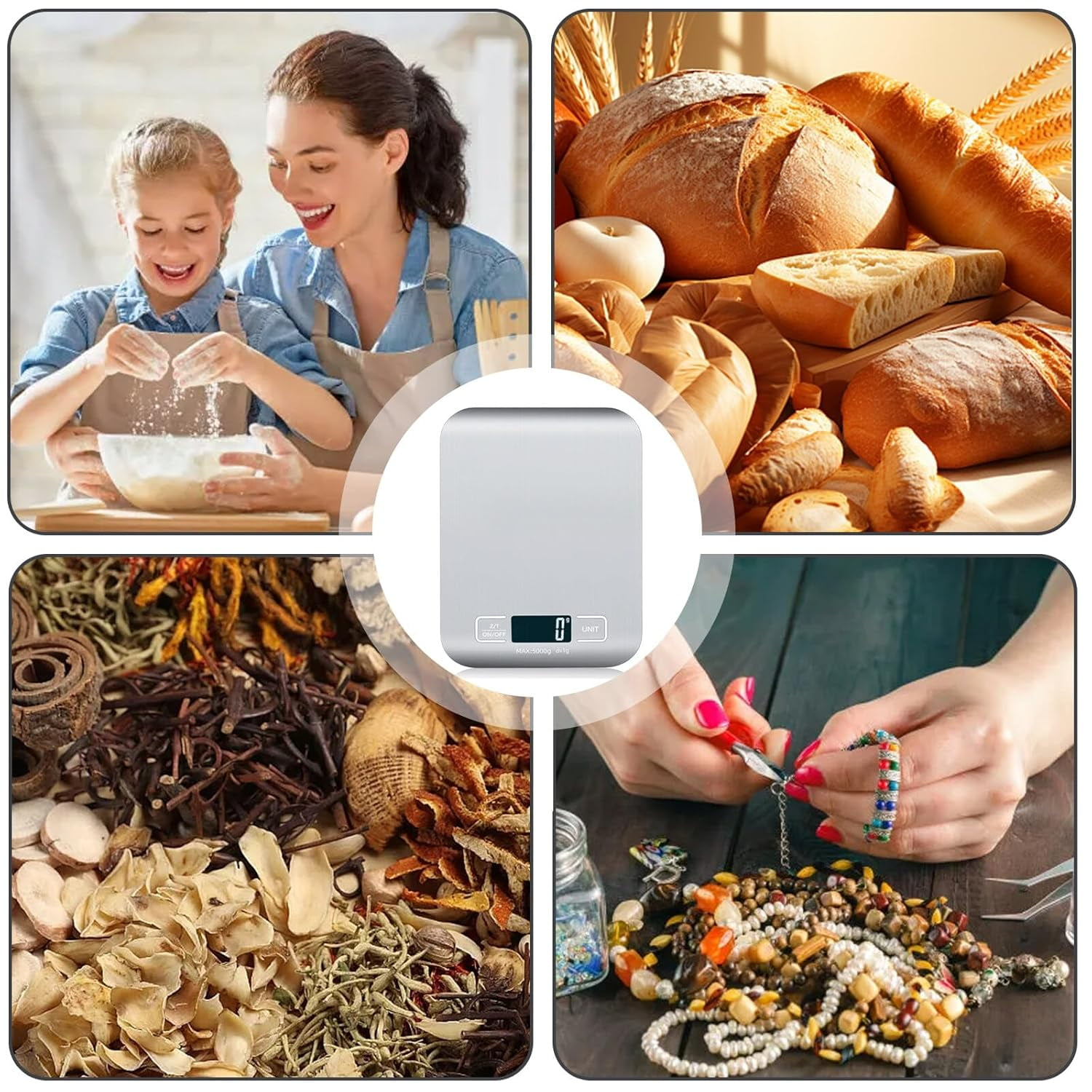 Digitale Küchenwaage im Zentrum mit Bildern von Backen, Brot, Kräutern und Schmuckherstellung drumherum.
