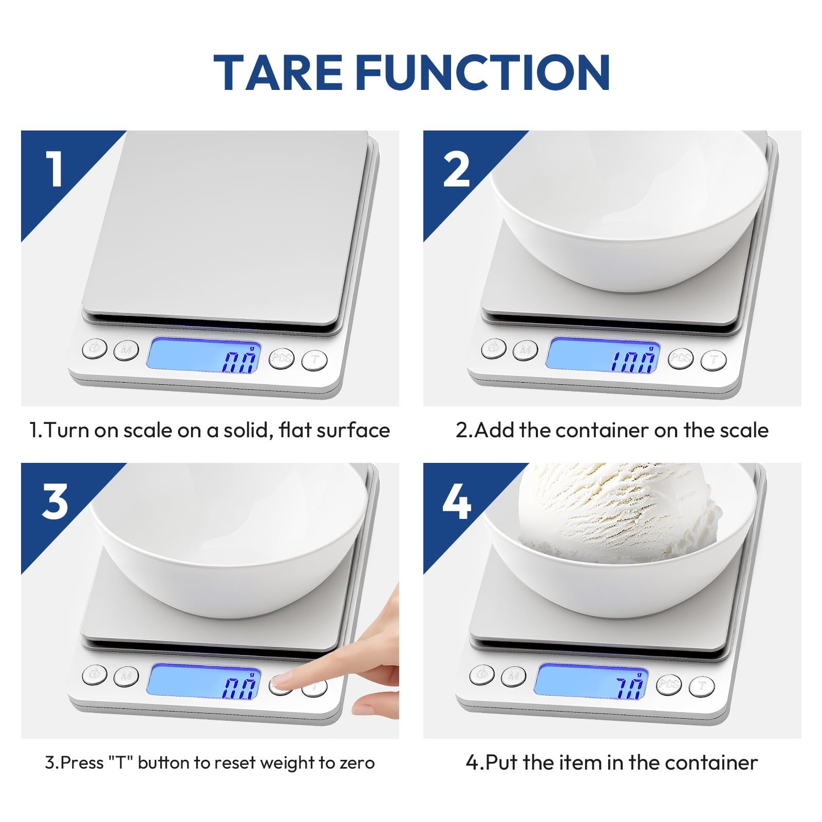 Vierteilige Anleitung zur Nutzung der Tara-Funktion einer Küchenwaage mit Schüssel und Eis.