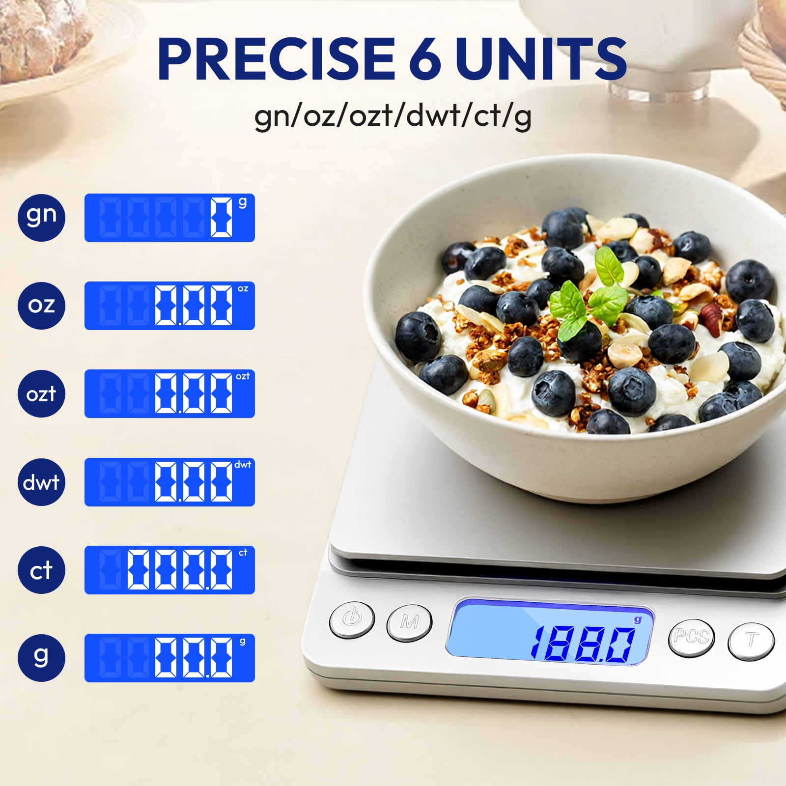 Eine digitale Küchenwaage zeigt 188.0g mit einer Schüssel Joghurt und Blaubeeren oben, sechs Maßeinheiten.