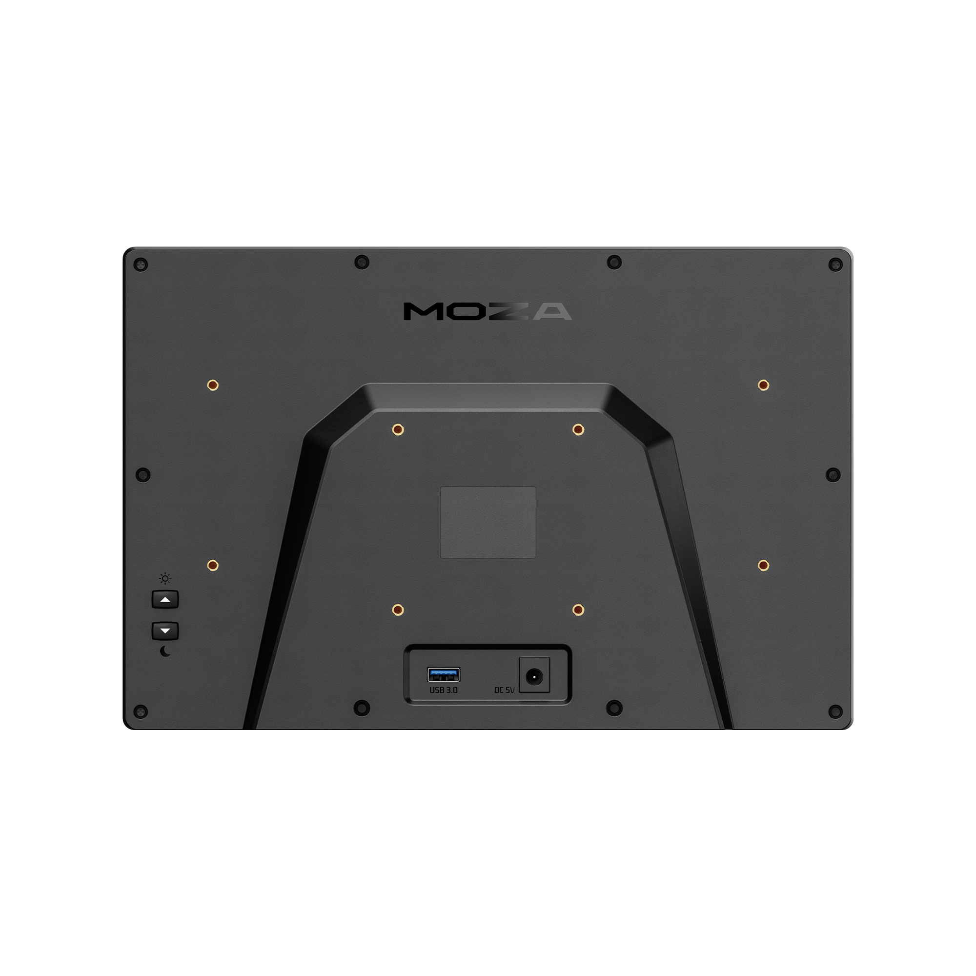 Vue arrière d'un appareil Moza noir avec des trous de vis, un port USB 3.0 et une entrée DC 5V.